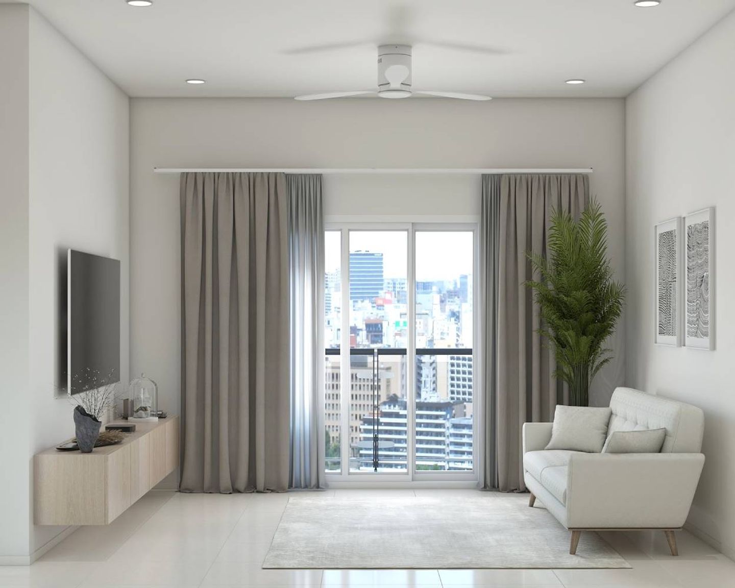 12 m² Living Room Design With White 2-Seater Sofa - Livspace