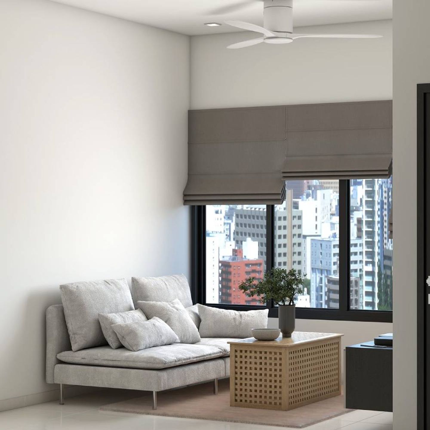 12 m² Living Room Design With Off-White Sofa-Cum-Bed - Livspace