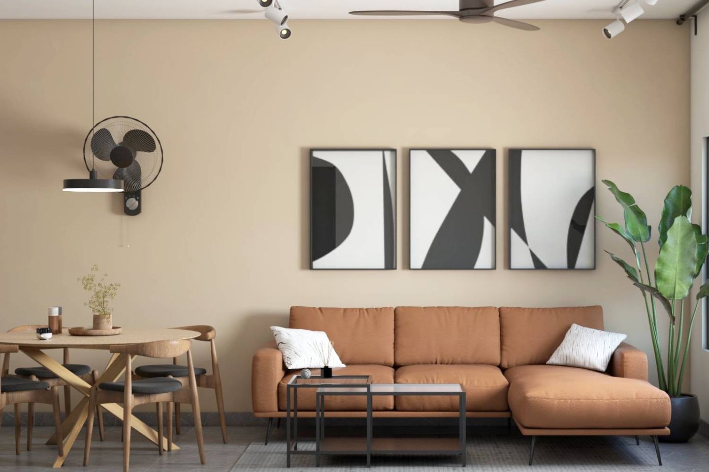 Beige Wall Paint Design For Living Room With With Tan Sectional Sofa And Abstract Wall Art -Livspace