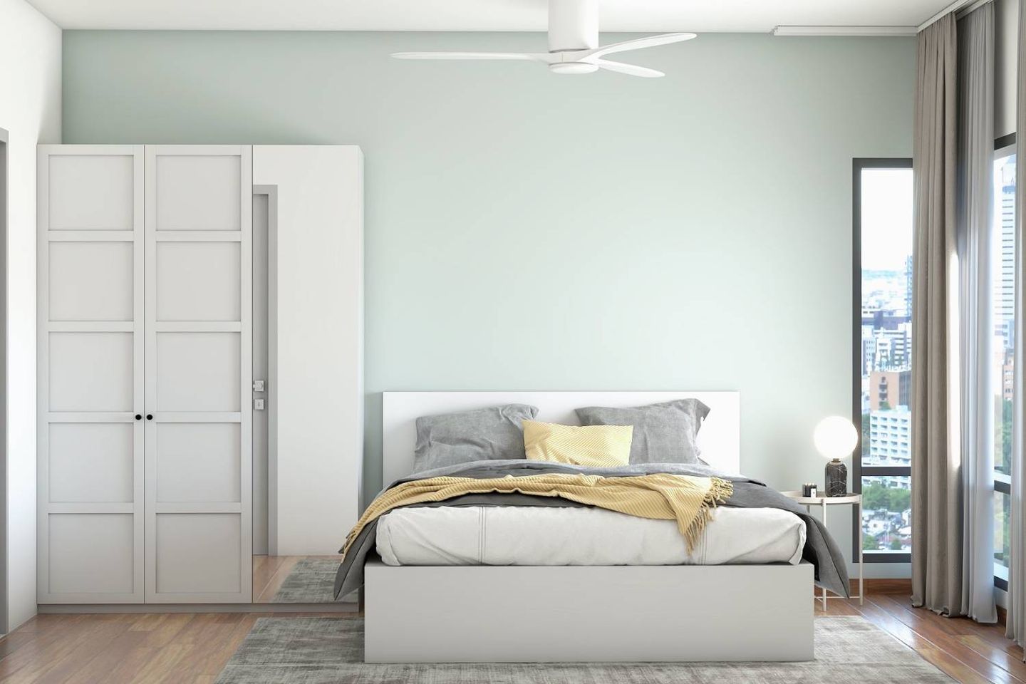 24 m² Master Bedroom Design With White Mirrored Swing Wardrobe - Livspace