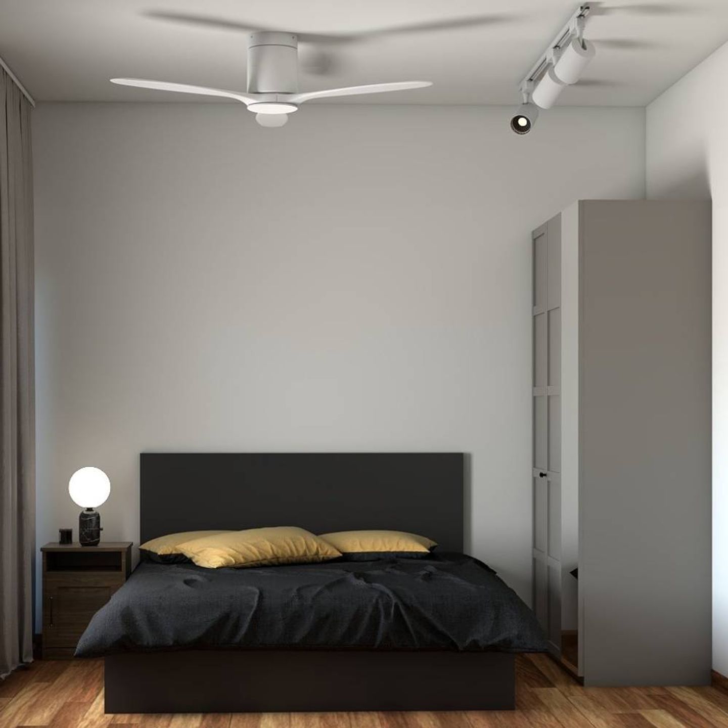 Black Master Bedroom Design With Grey Swing Wardrobe 14 m² Livspace