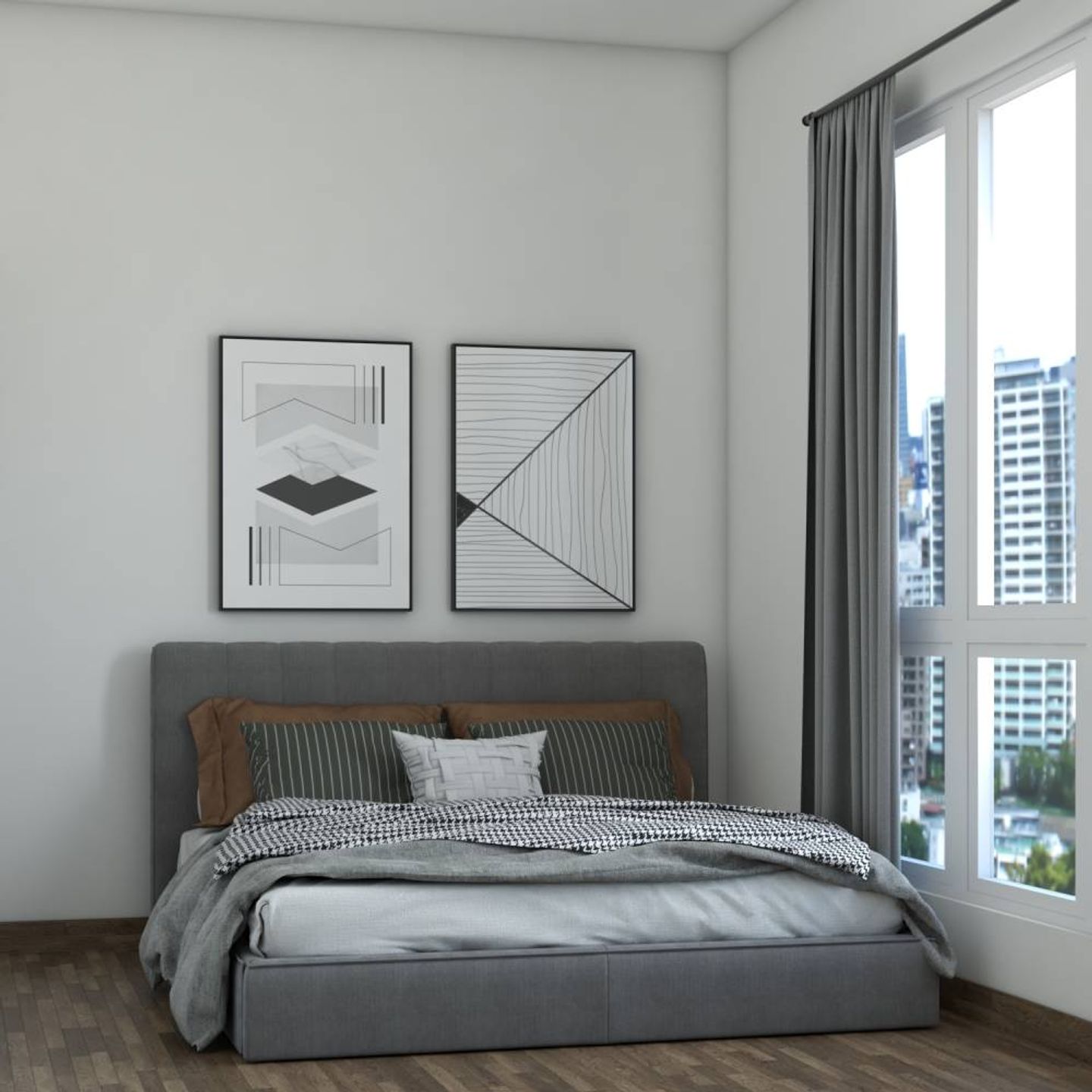 14 m² Master Bedroom Design With Grey Queen-Sized Bed And Wooden Flooring  - Livspace