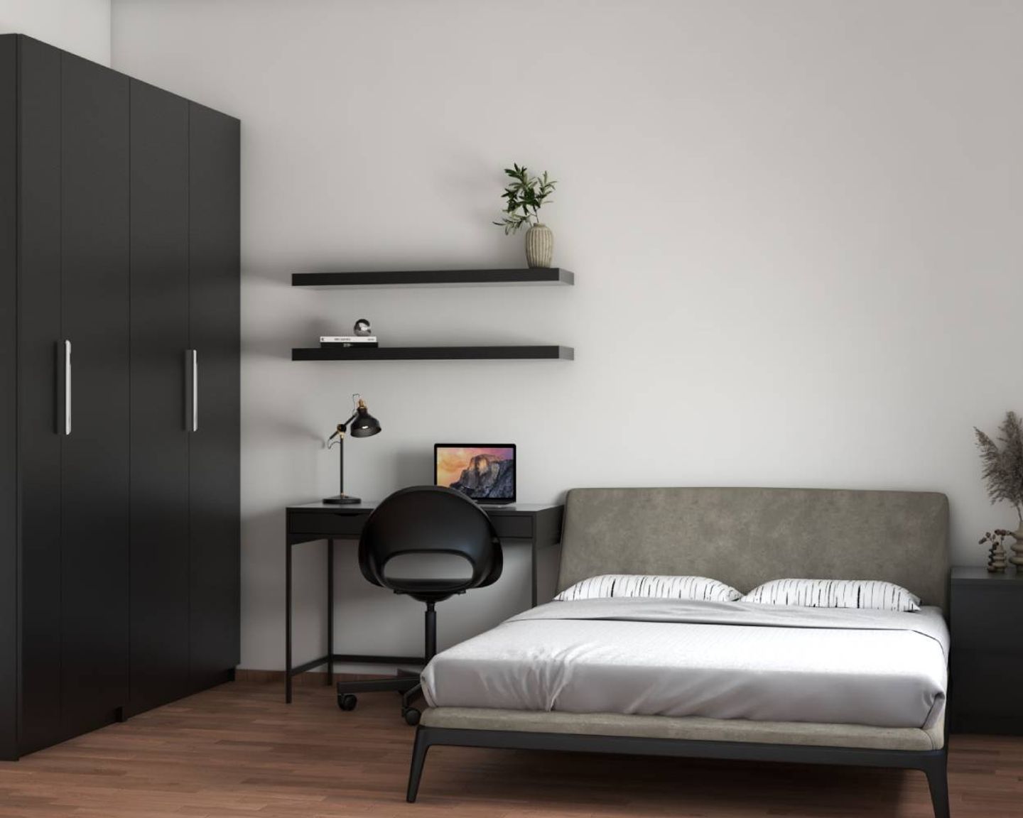 22 m² Master Bedroom Design With Dark 4-Door Swing Wardrobe - Livspace