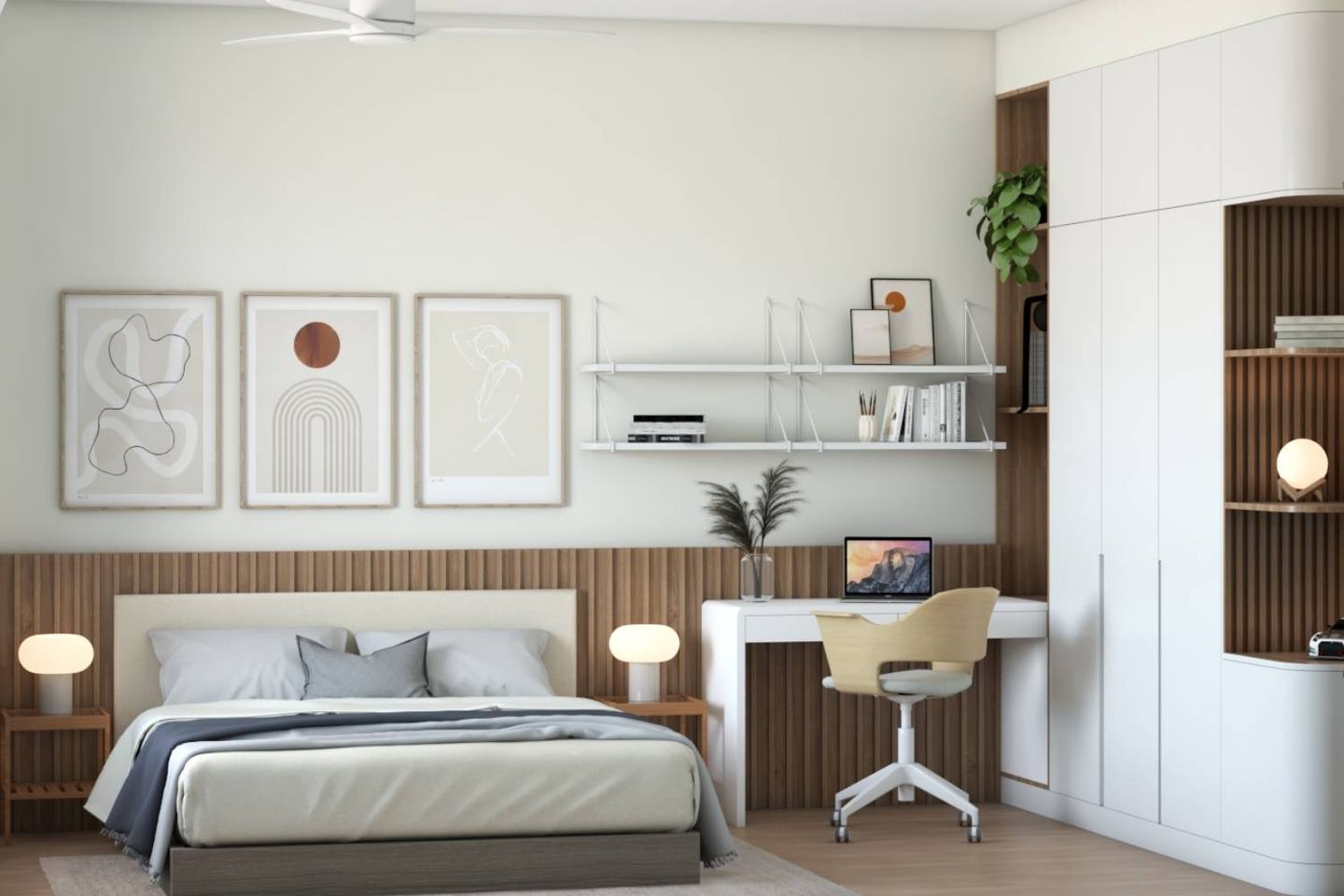 16 m² Master Bedroom Design With White And Wood Swing Wardrobe And Study Table - Livspace