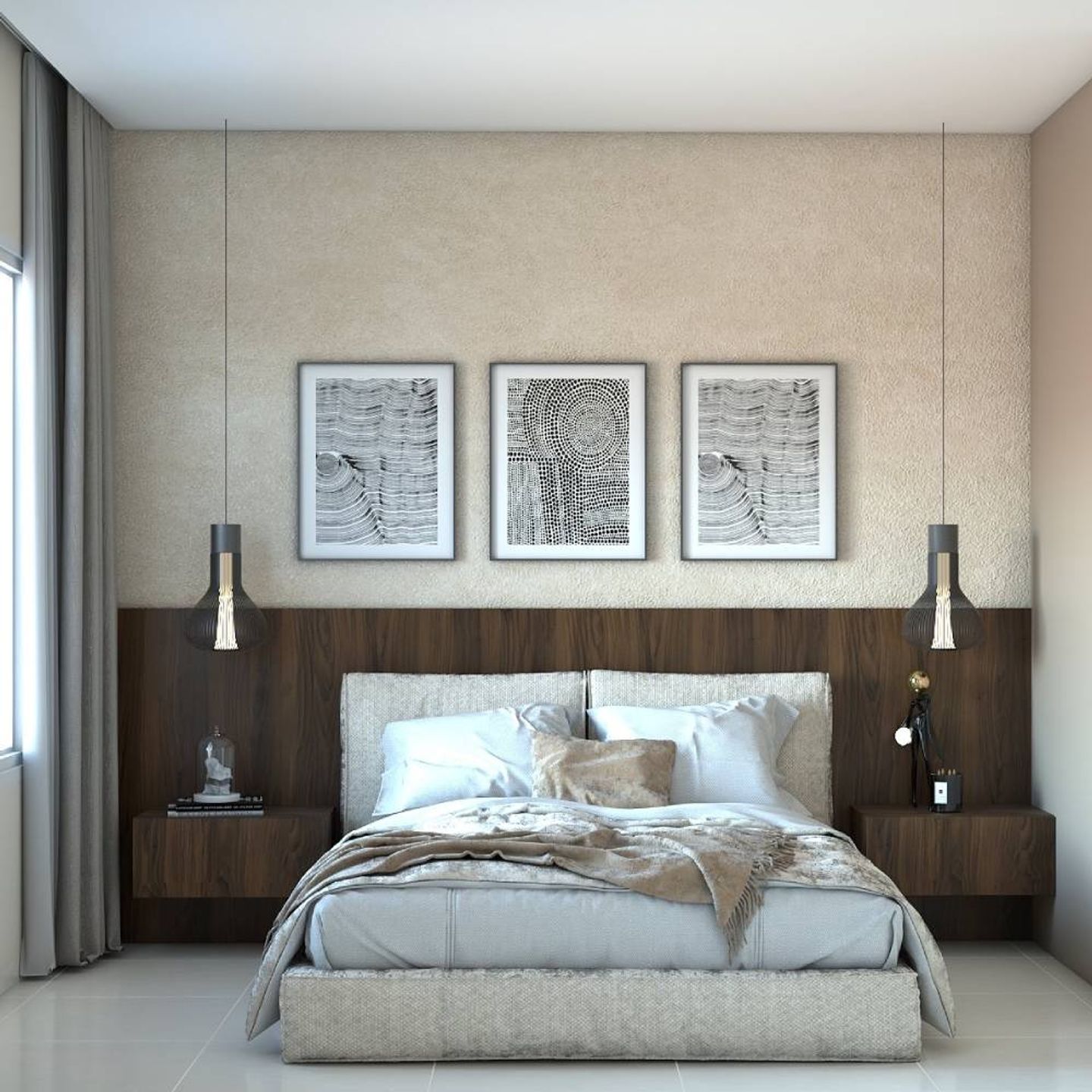 Beige And Brown Bedroom Wall Design With Paint And Wooden Panel - Livspace