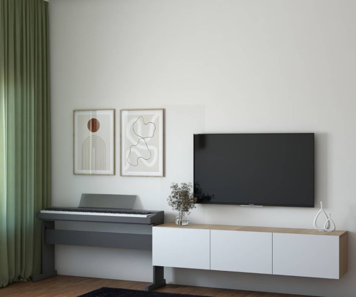 White And Wood TV Unit Design With Integrated Keyboard - Livspace