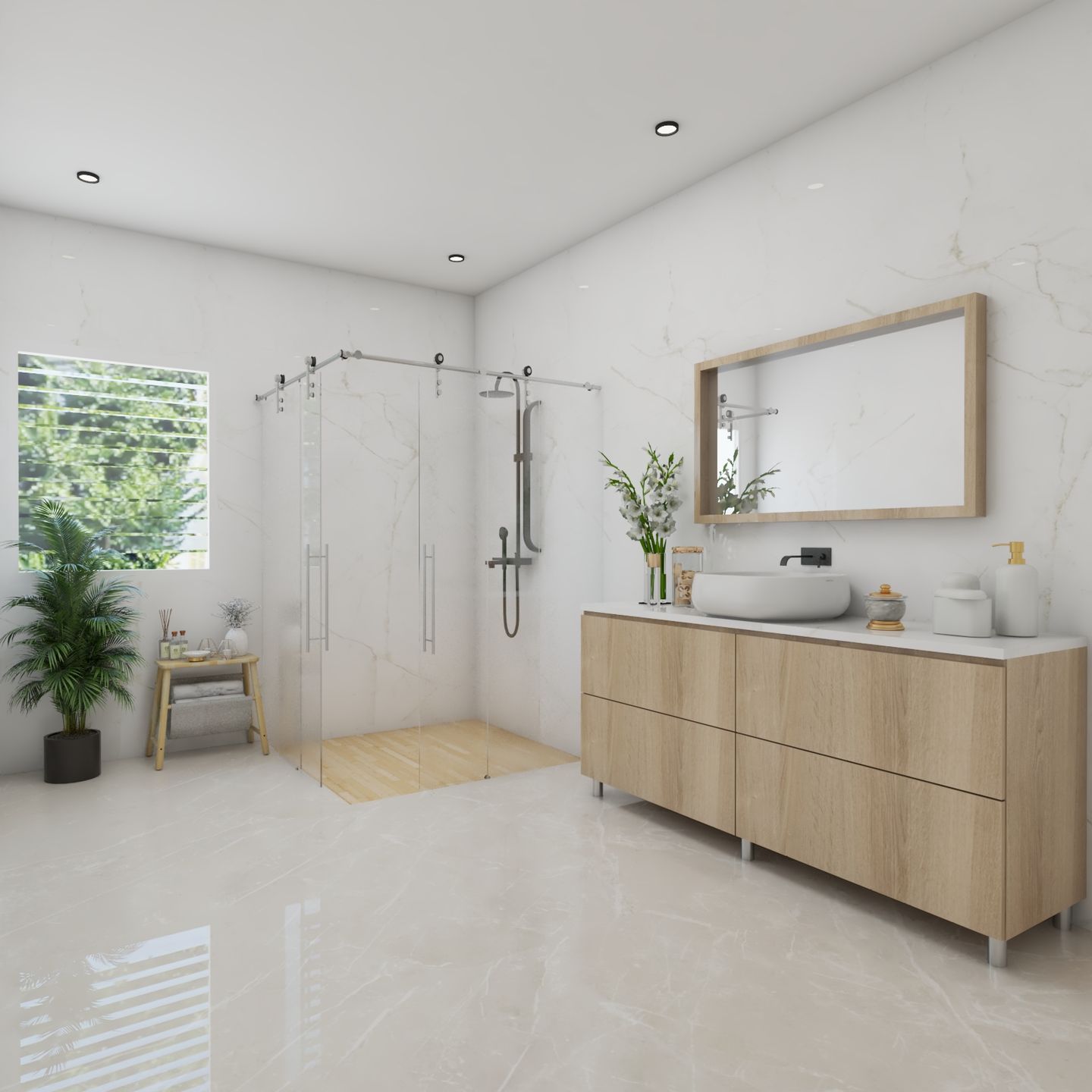 Cream And White Bathroom Design With Rectangular Mirror - Livspace