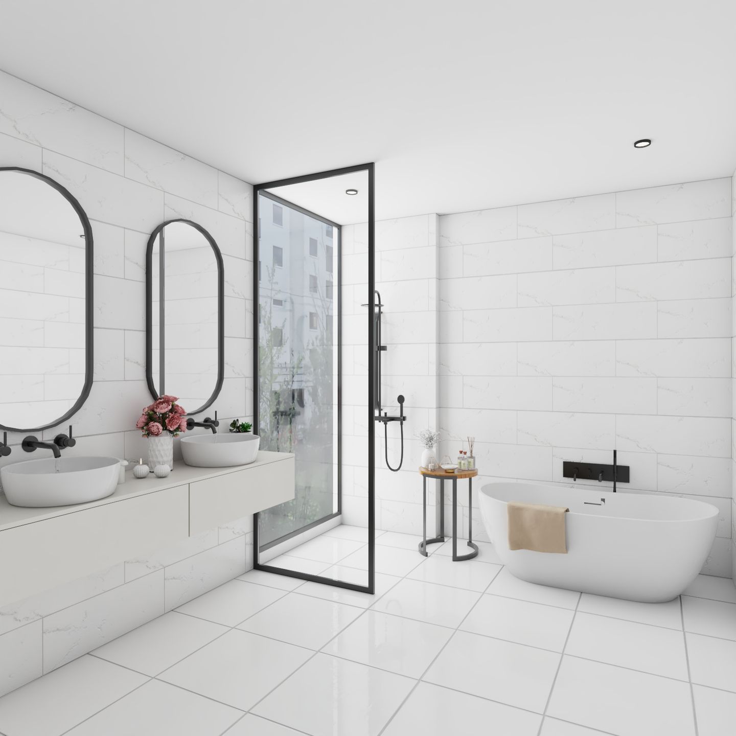 White Bathroom Design With Oval Mirror - Livspace