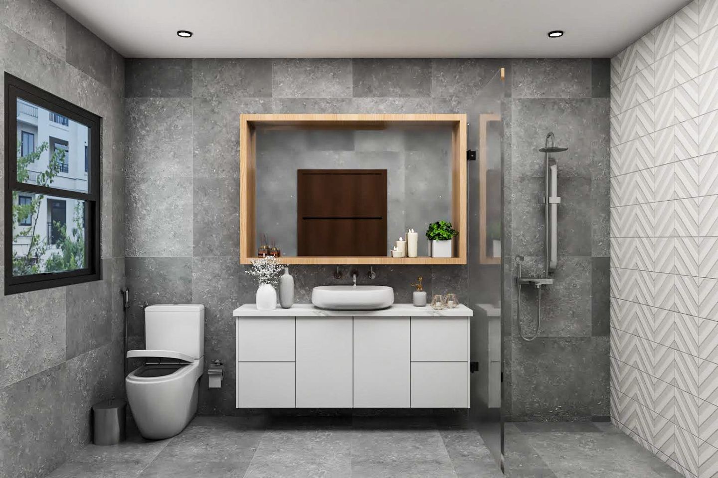 Grey Bathroom Design With Patterned Tiling - Livspace