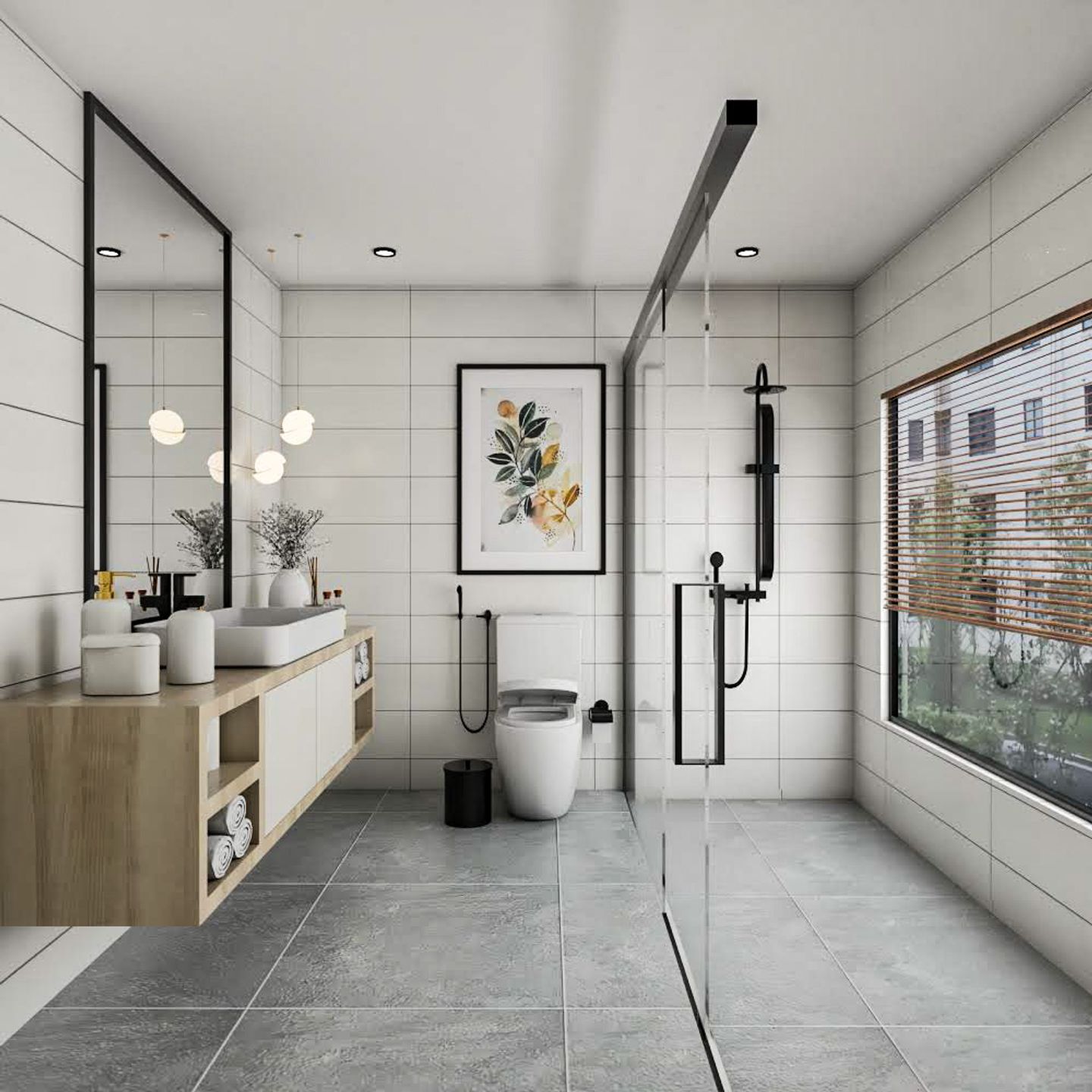 Grey And White Bathroom Design With Transparent Glass Partition - Livspace