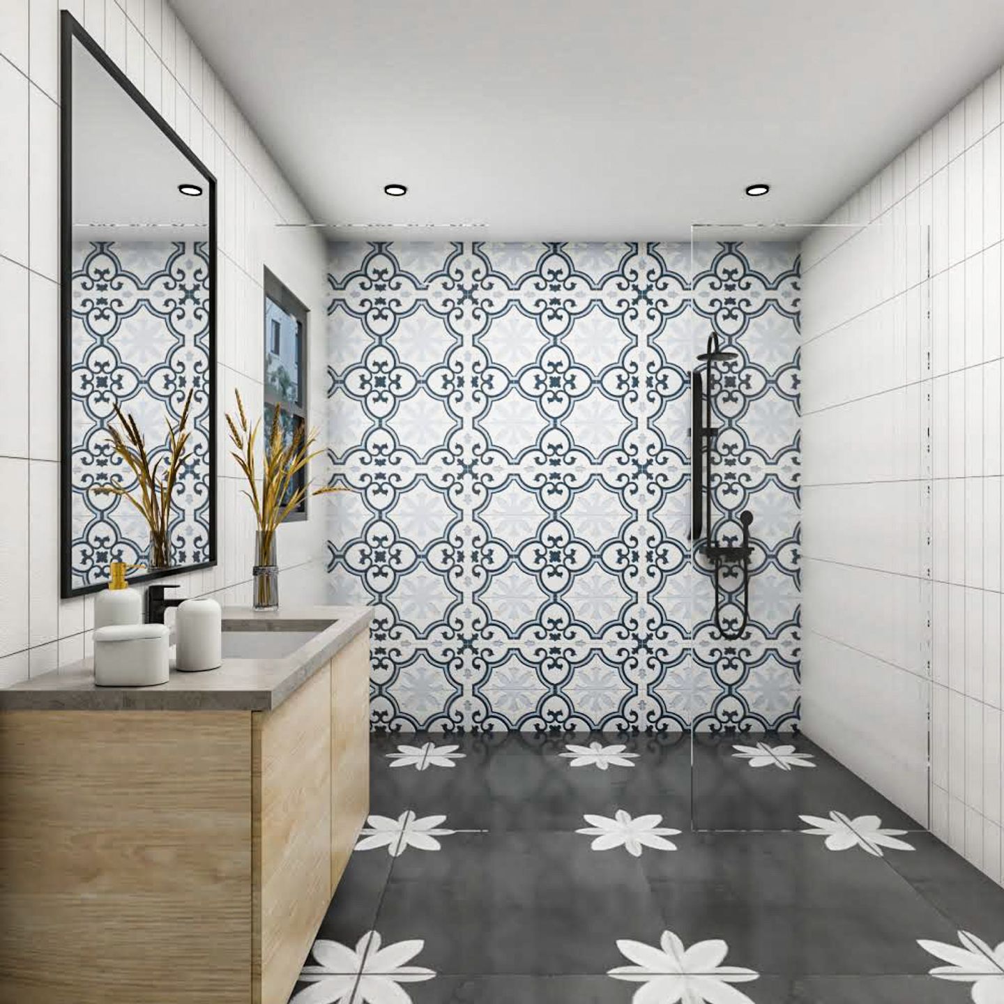 Bathroom Design With Blue Morroccan Tiles And Square Mirror - Livspace
