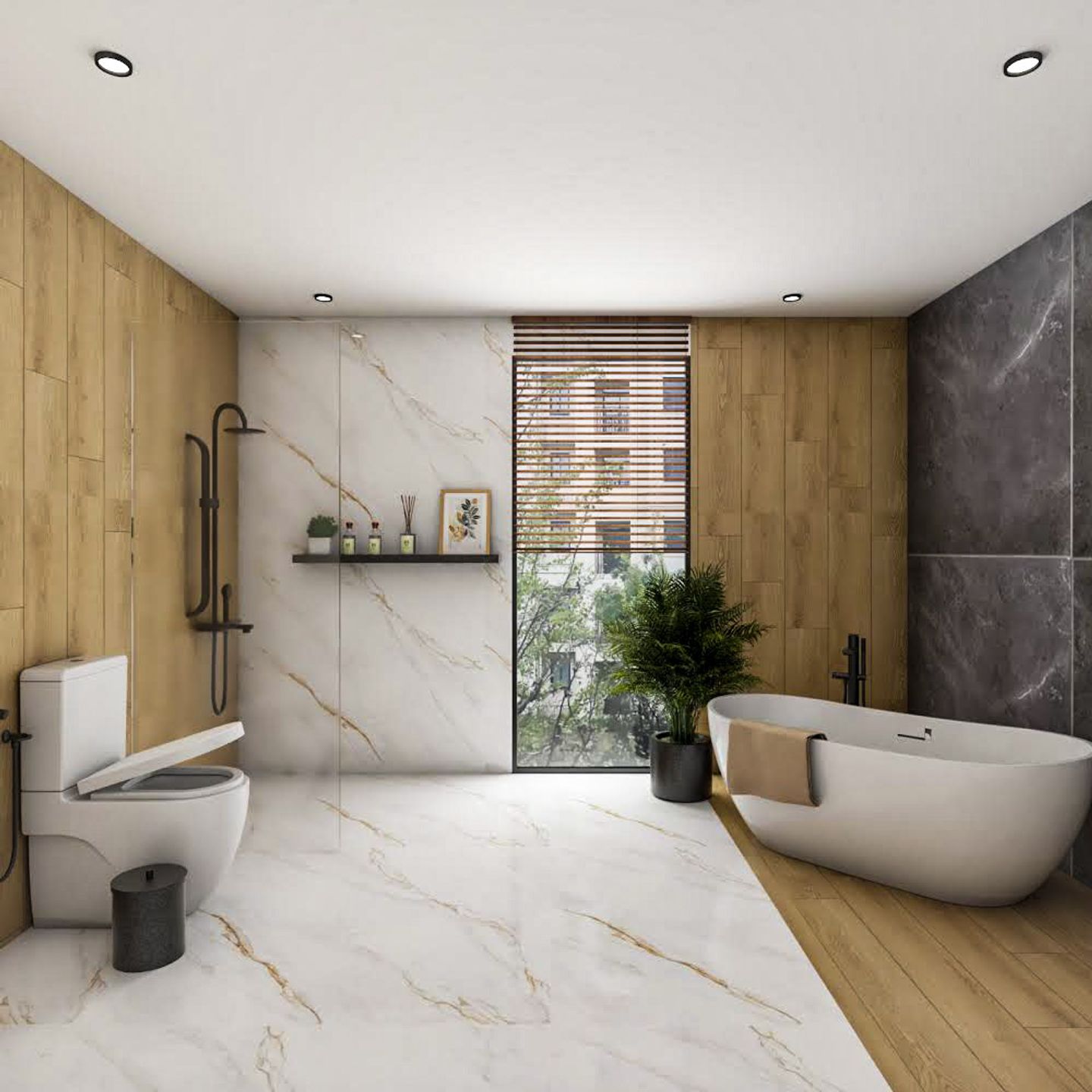 Bathroom Design With White Baththub And Wooden Wall Panels - Livspace