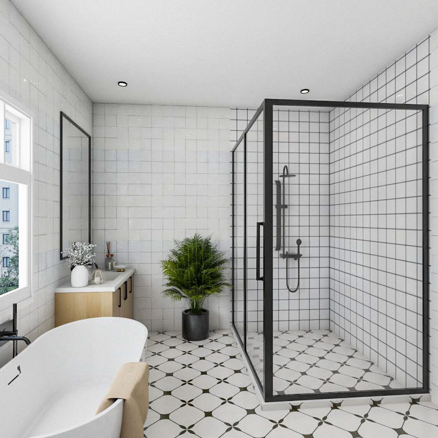 White Bathroom Design With Square Mirror- Livspace