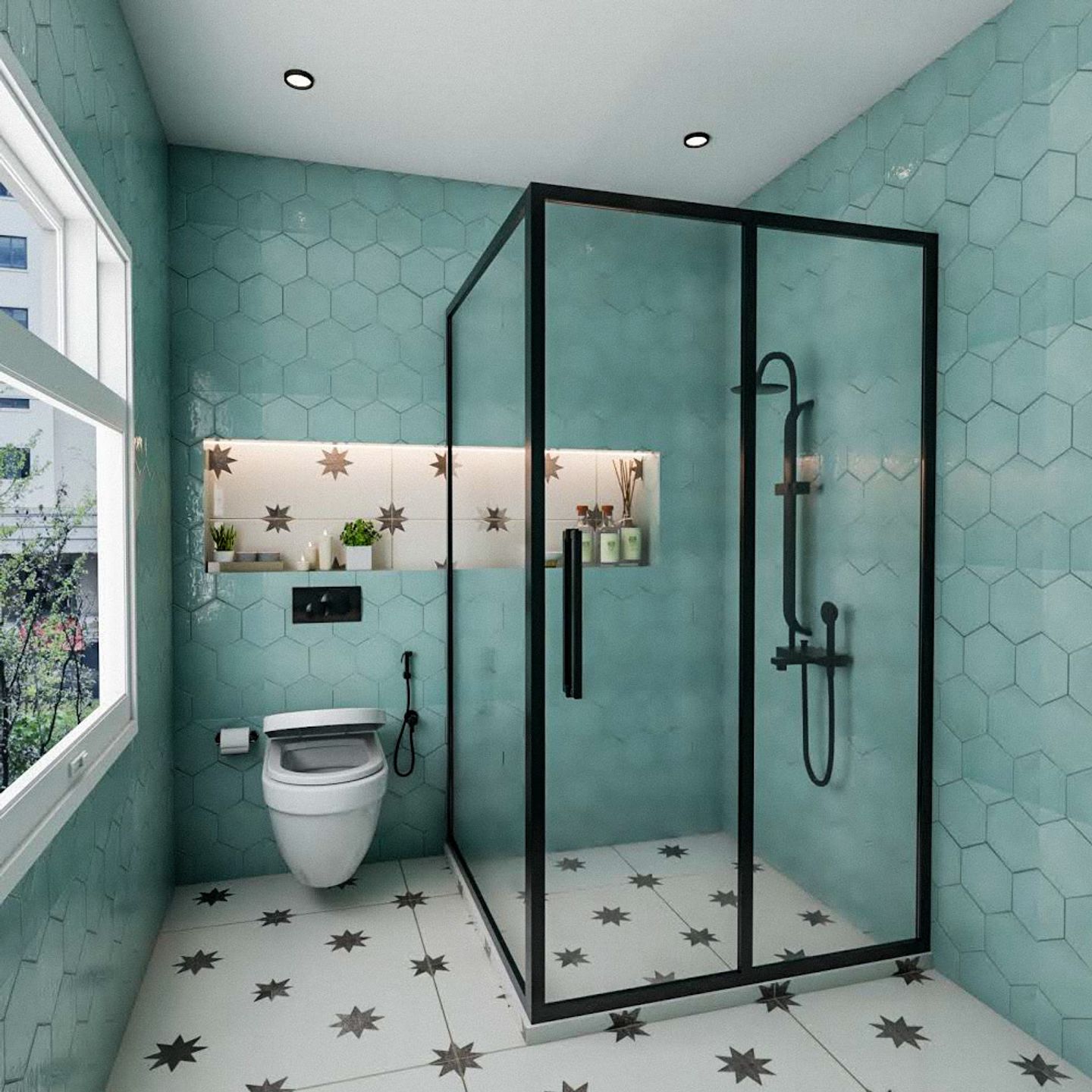 Aqua Green Bathroom Design With Hexagonal Tile Pattern - Livspace