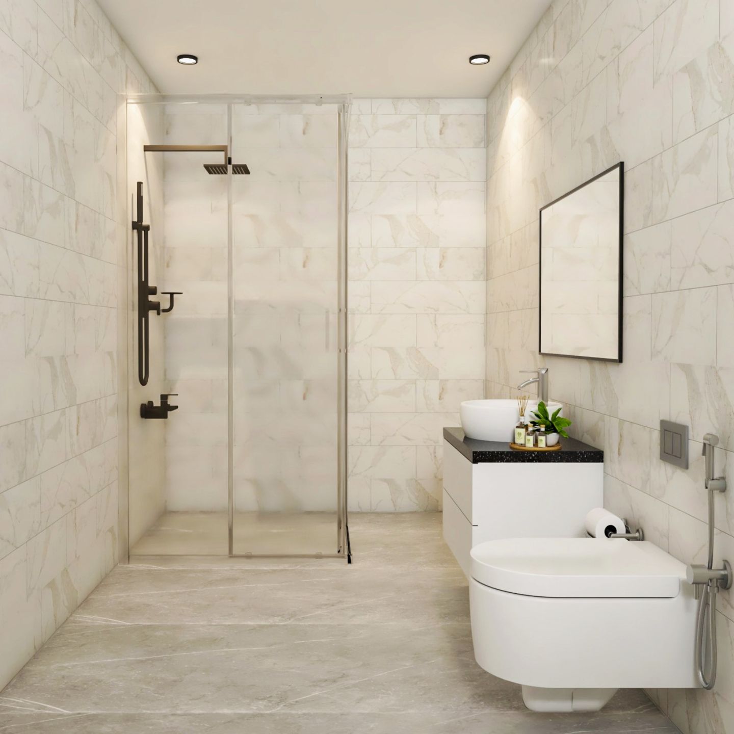 Cream And Grey Bathroom Design With Square Mirror - Livspace