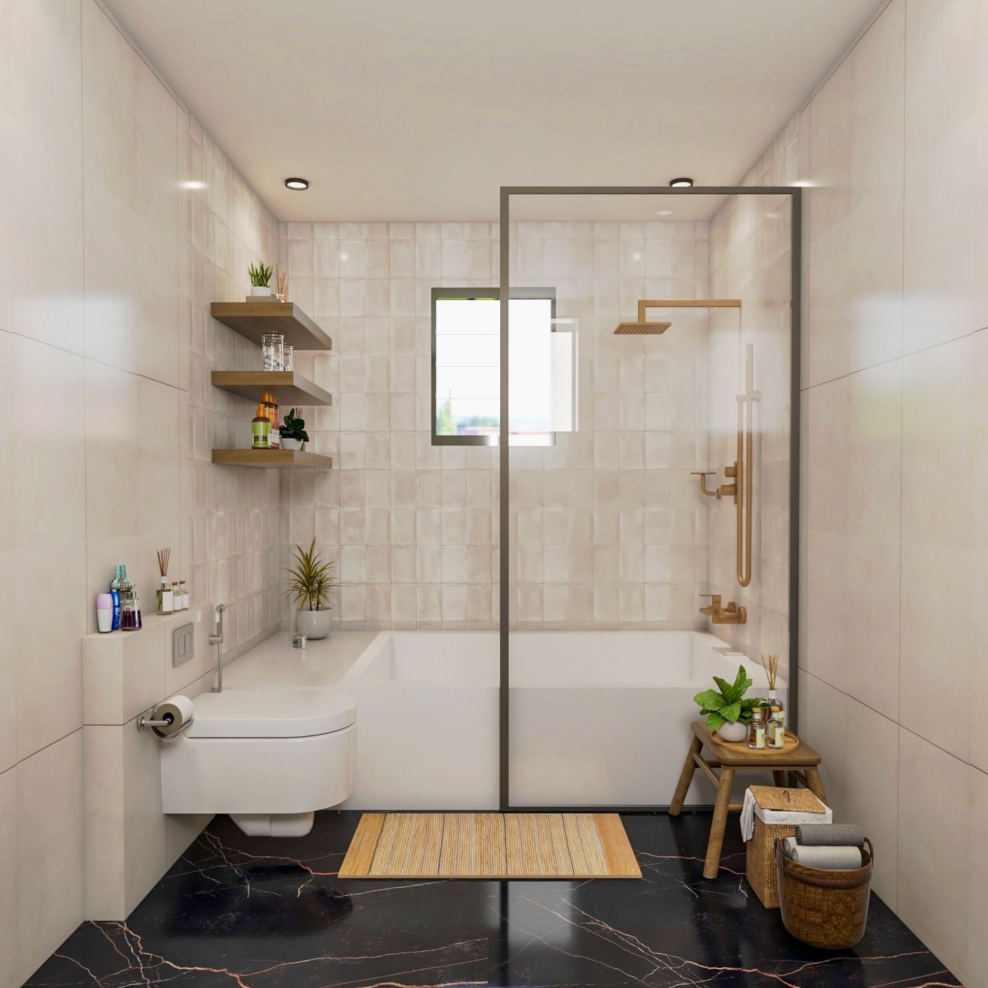 Cream-Toned Bathroom Design With Partition - Livspace