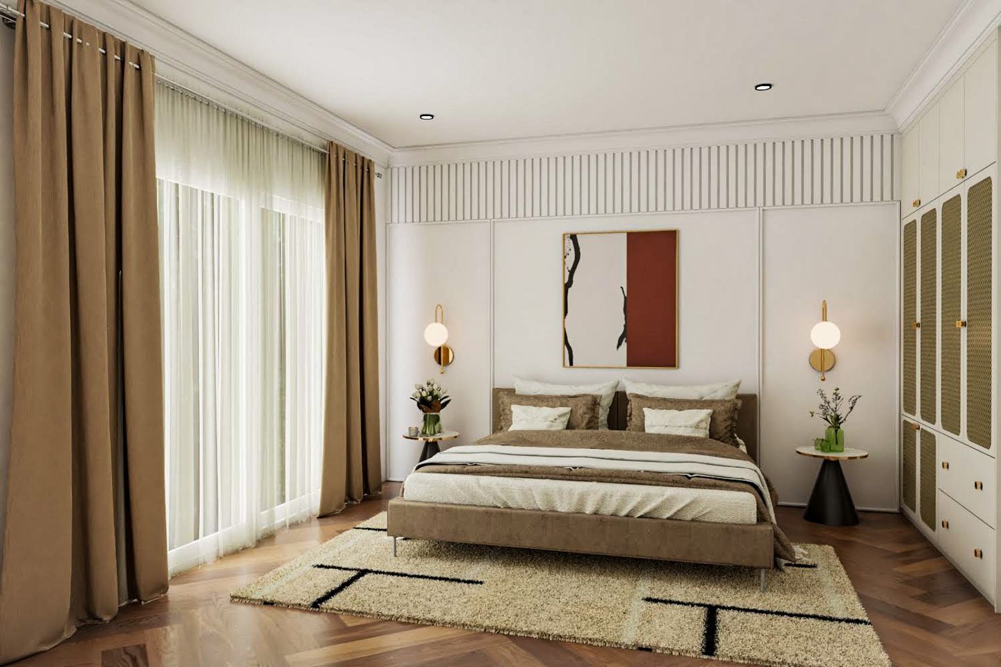Master Bedroom Design With White And Rattan Swing Wardrobe - Livspace