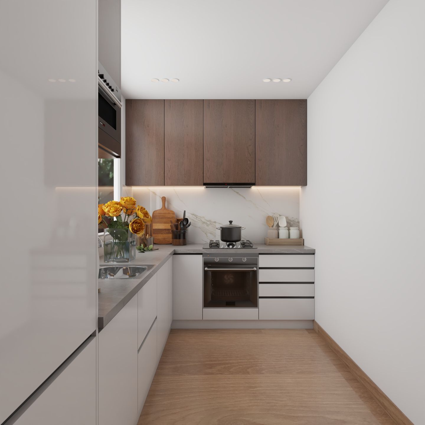 Brown And White L Shaped Kitchen Design With Quartz Countertop - Livspace