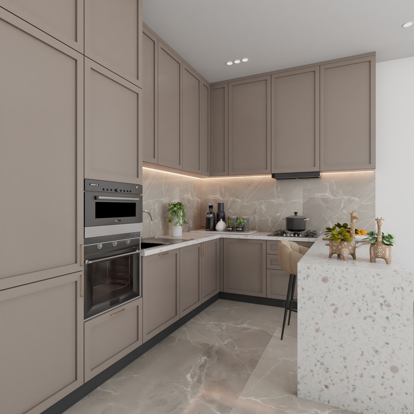 Beige Peninsula Kitchen Design With Tall Appliances - Livspace
