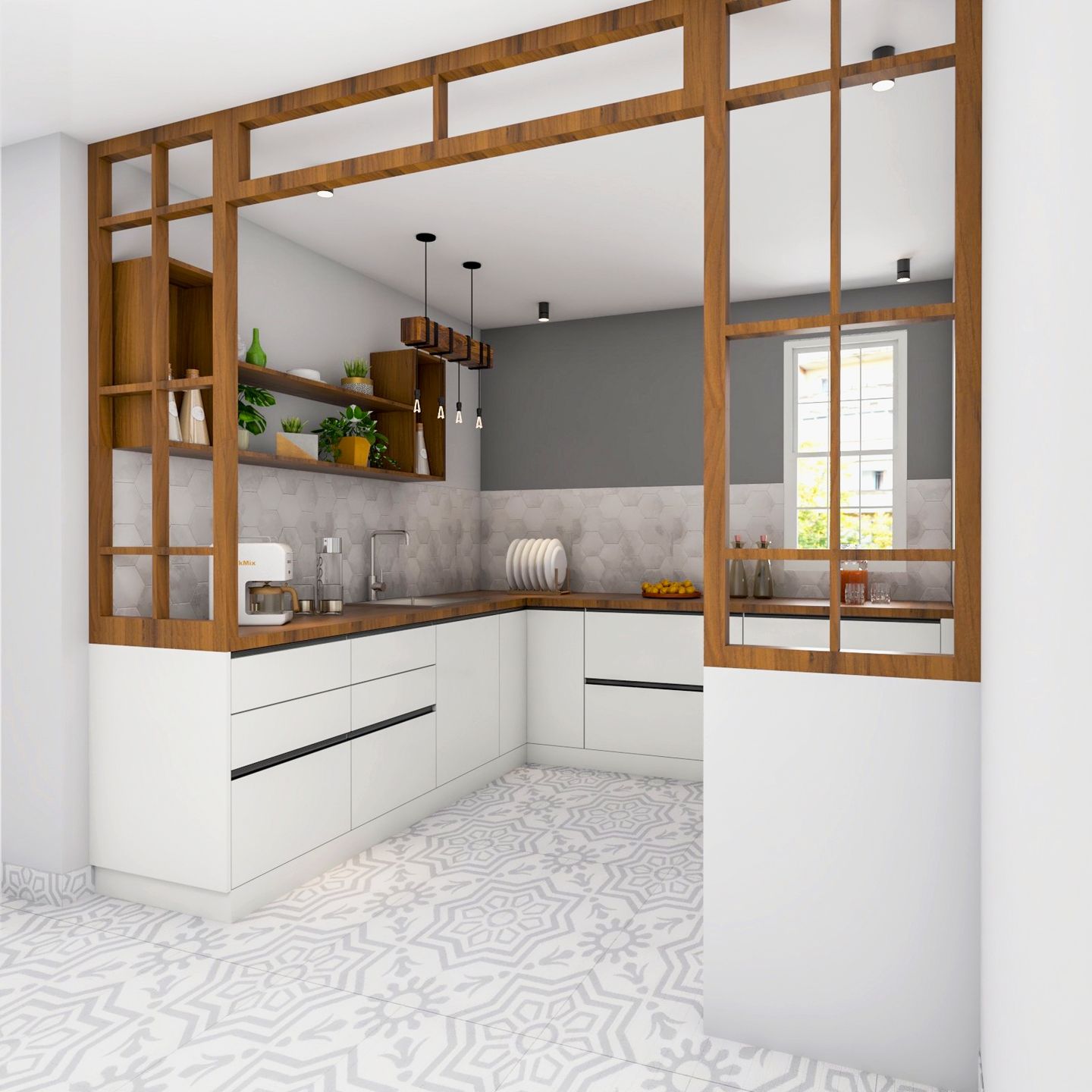 White U-Shaped Kitchen Design With Open Wall Unit Storage - Livspace
