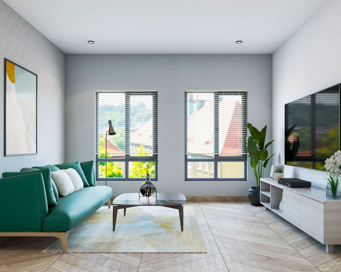 18 m²  Living Room Design With Green Leather Sofa And Floor-Mounted TV Unit - Livspace
