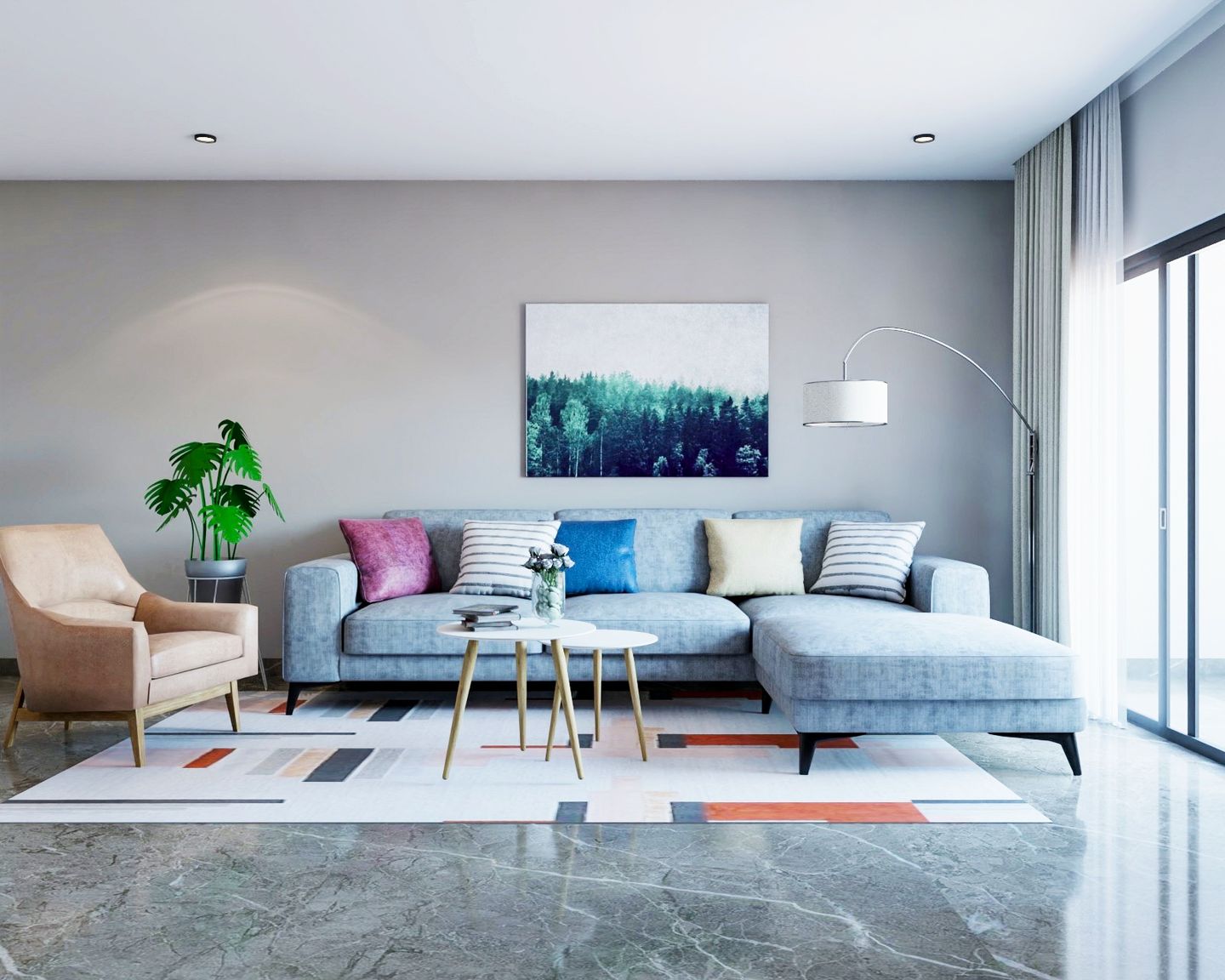 22 m²  Living Room Design With Light Blue Sectional L-Shape Sofa - Livspace