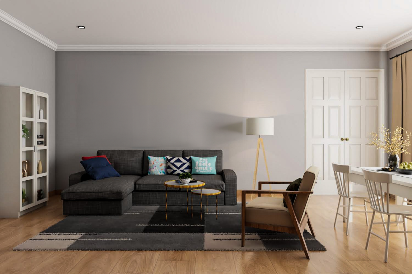 Living Room Design With Grey Upholstered Sofa - Livspace
