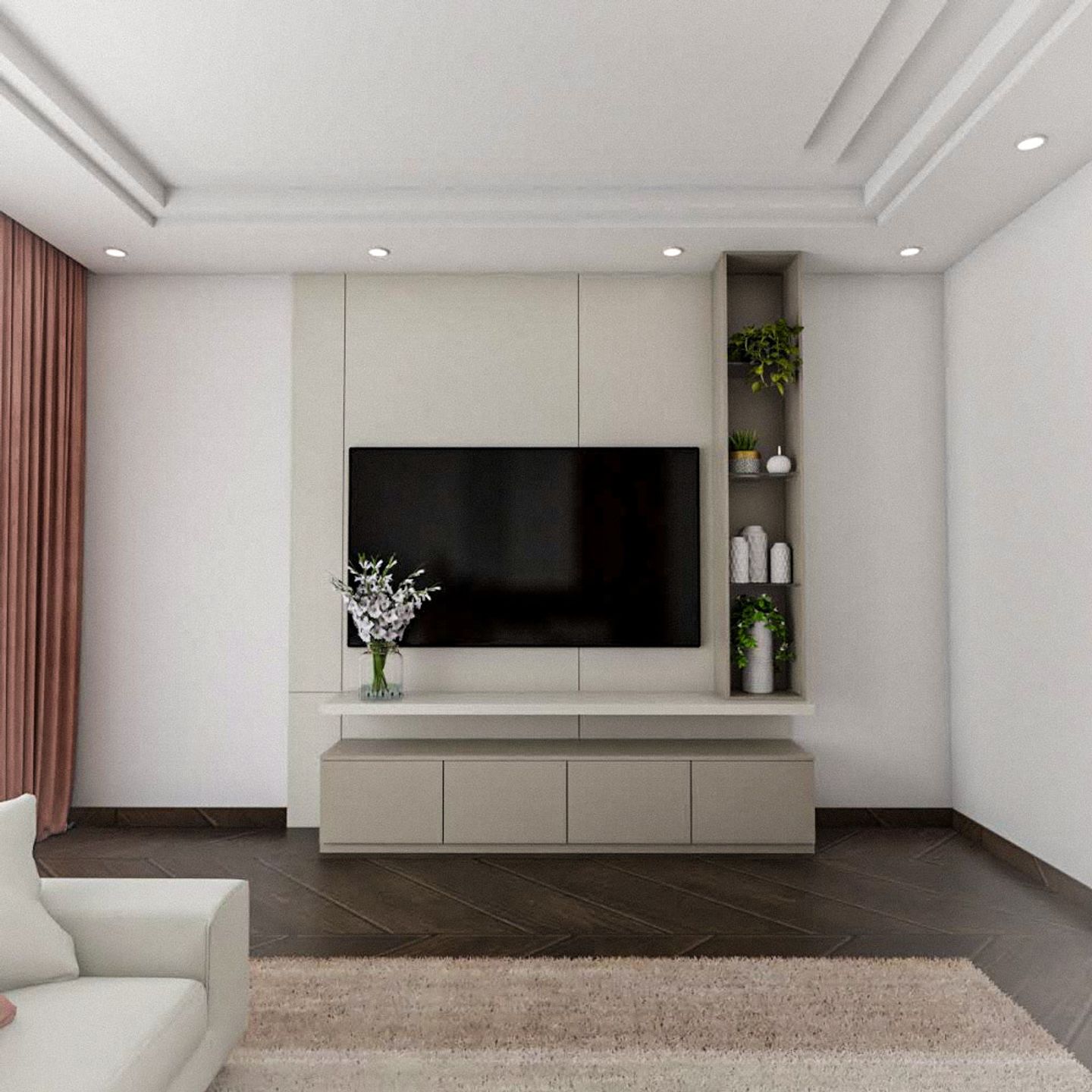 White And Beige TV Unit Design With Full-Length Back Panel - Livspace
