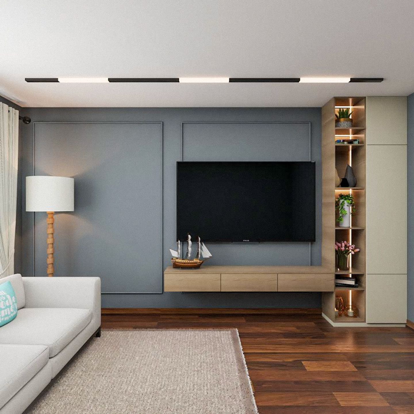 Grey And Wood TV Unit Design With Wall Trims - Livspace
