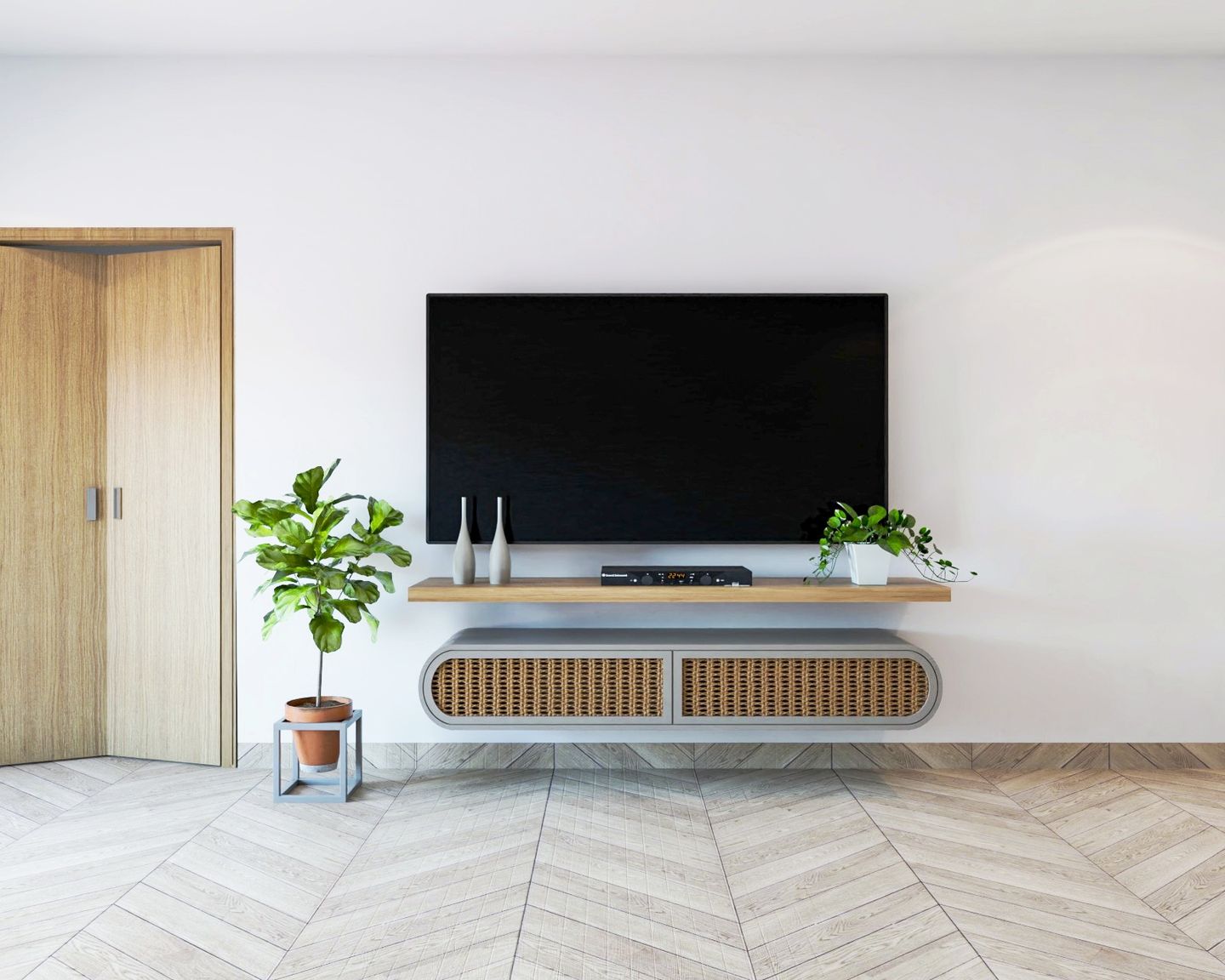 Wall-Mounted TV Unit Design In Grey And Brown - Livspace