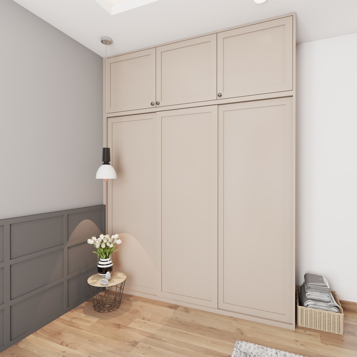 Cream-Toned 3-Door Sliding Wardrobe Design With Lofts - Livspace