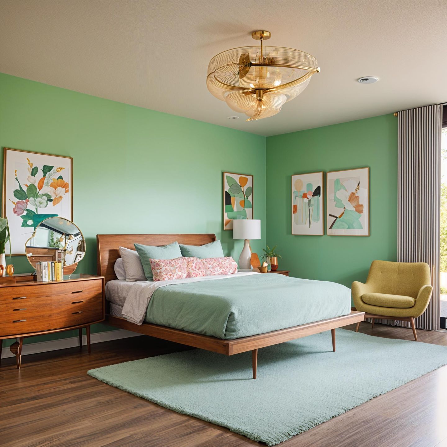 Green Bed & Yellow Accent Chairs: Mid-century Modern Master Bedroom 