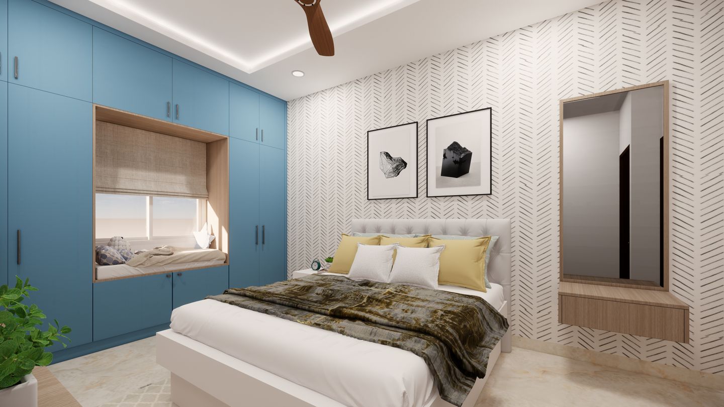 Modern Master Bedroom with White Wallpaper - Livspace