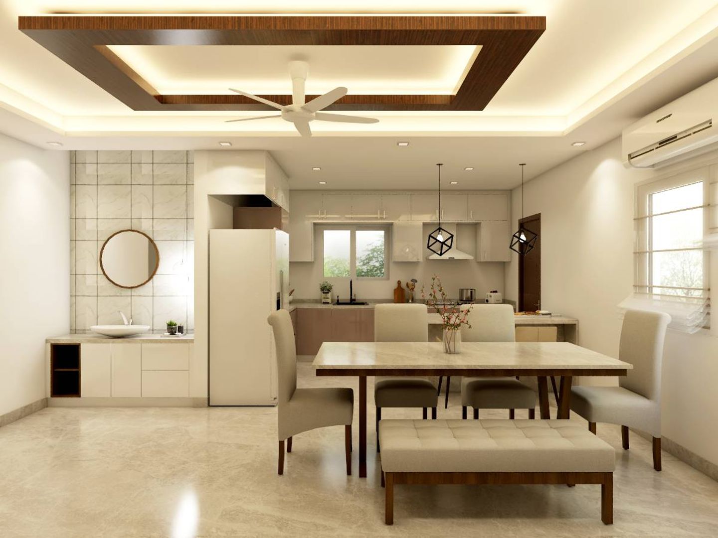 Contemporary Dining Room with Wooden False Ceiling - Livspace