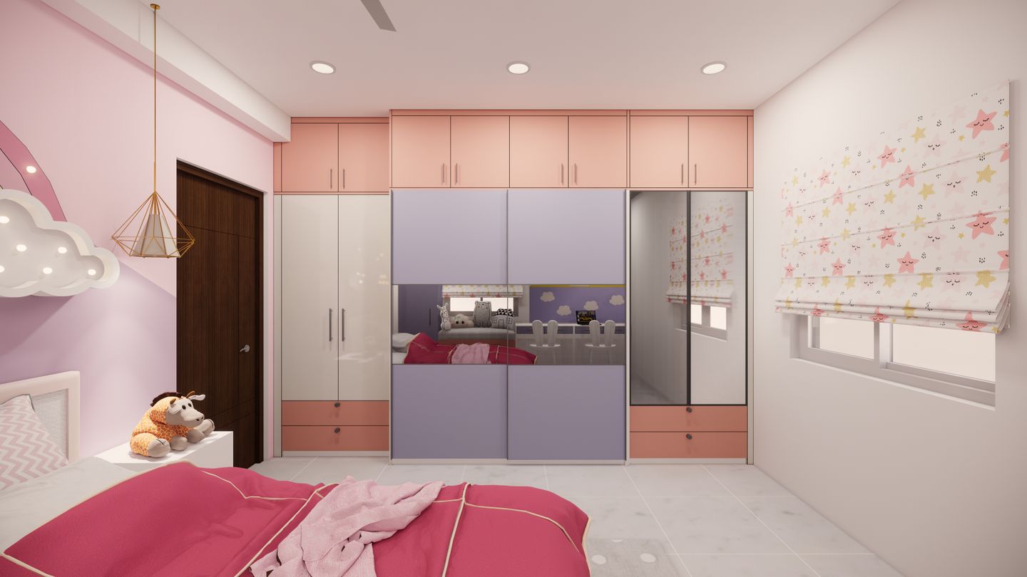 Pastel Compact Kids Bedroom Design - Livspace