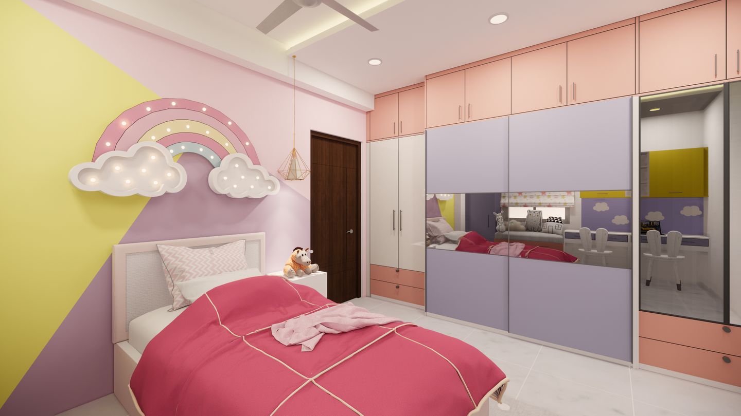 Pastel Compact Kids Bedroom Design - Livspace