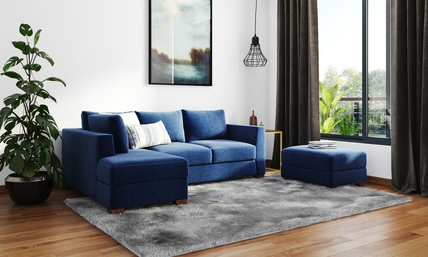 Eclectic Living Room with Royal Blue Sofa - Livspace