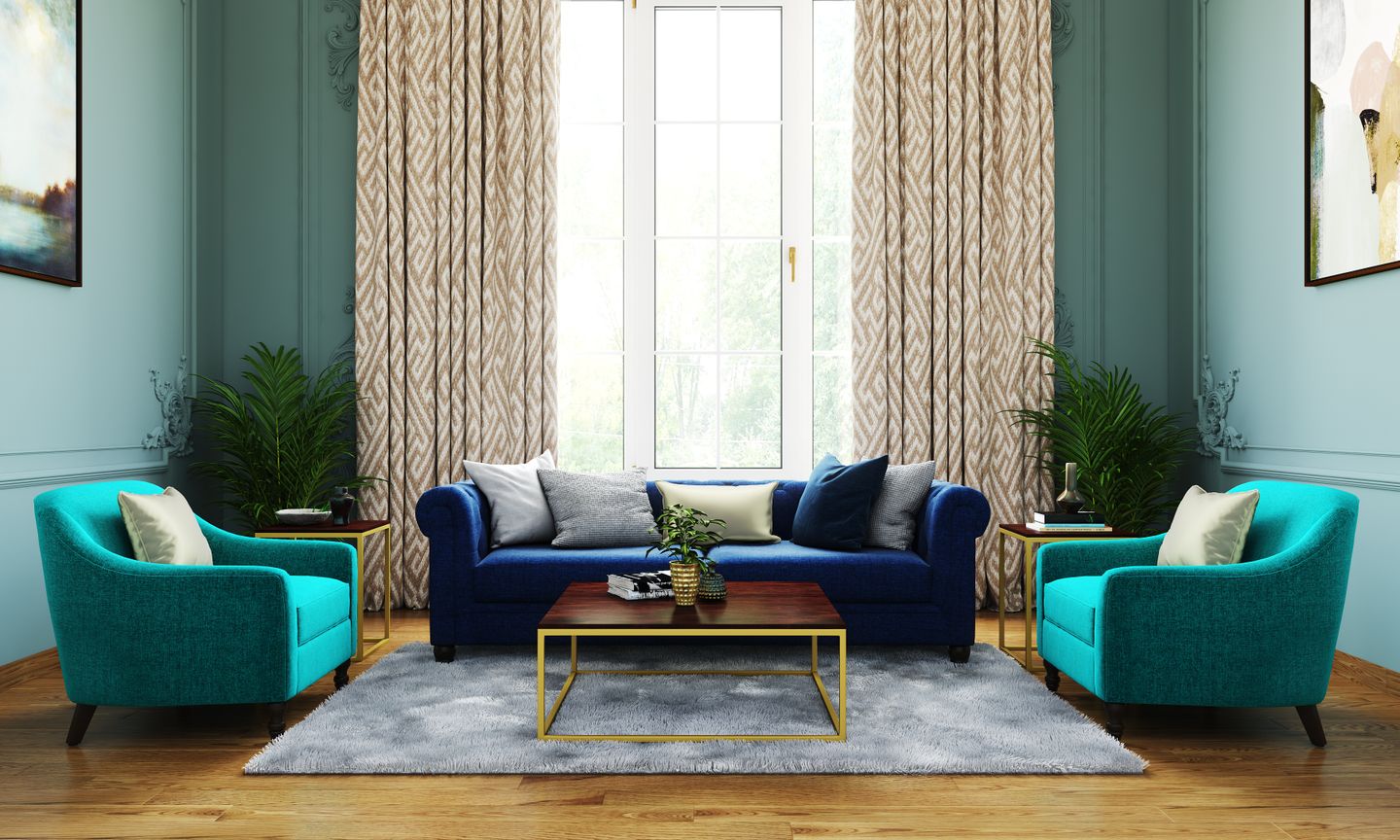 Blue Colonial Living Room - Livspace