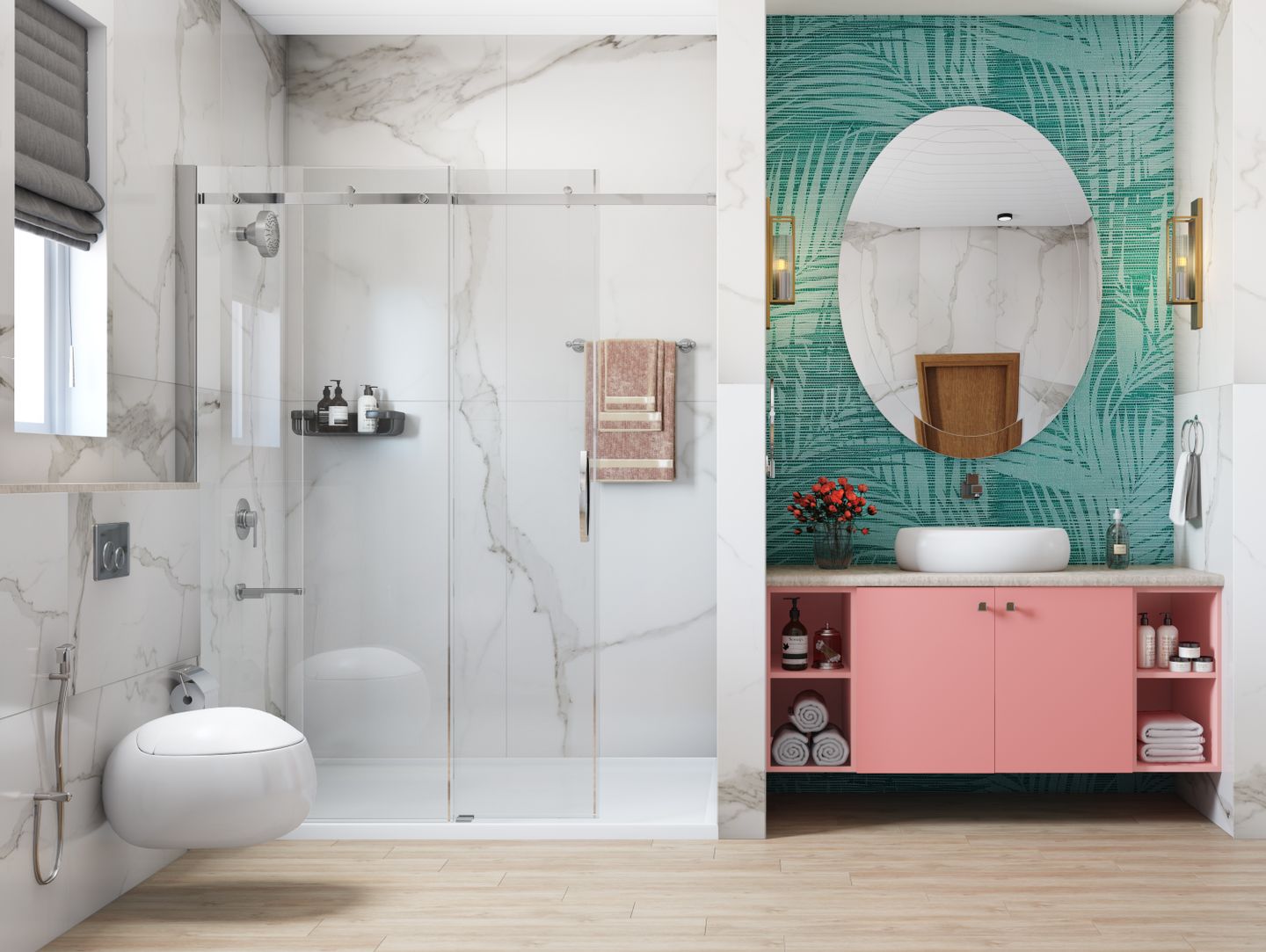 Modern Spacious Dual-Tone Vanity Convenient Bathroom - Livspace