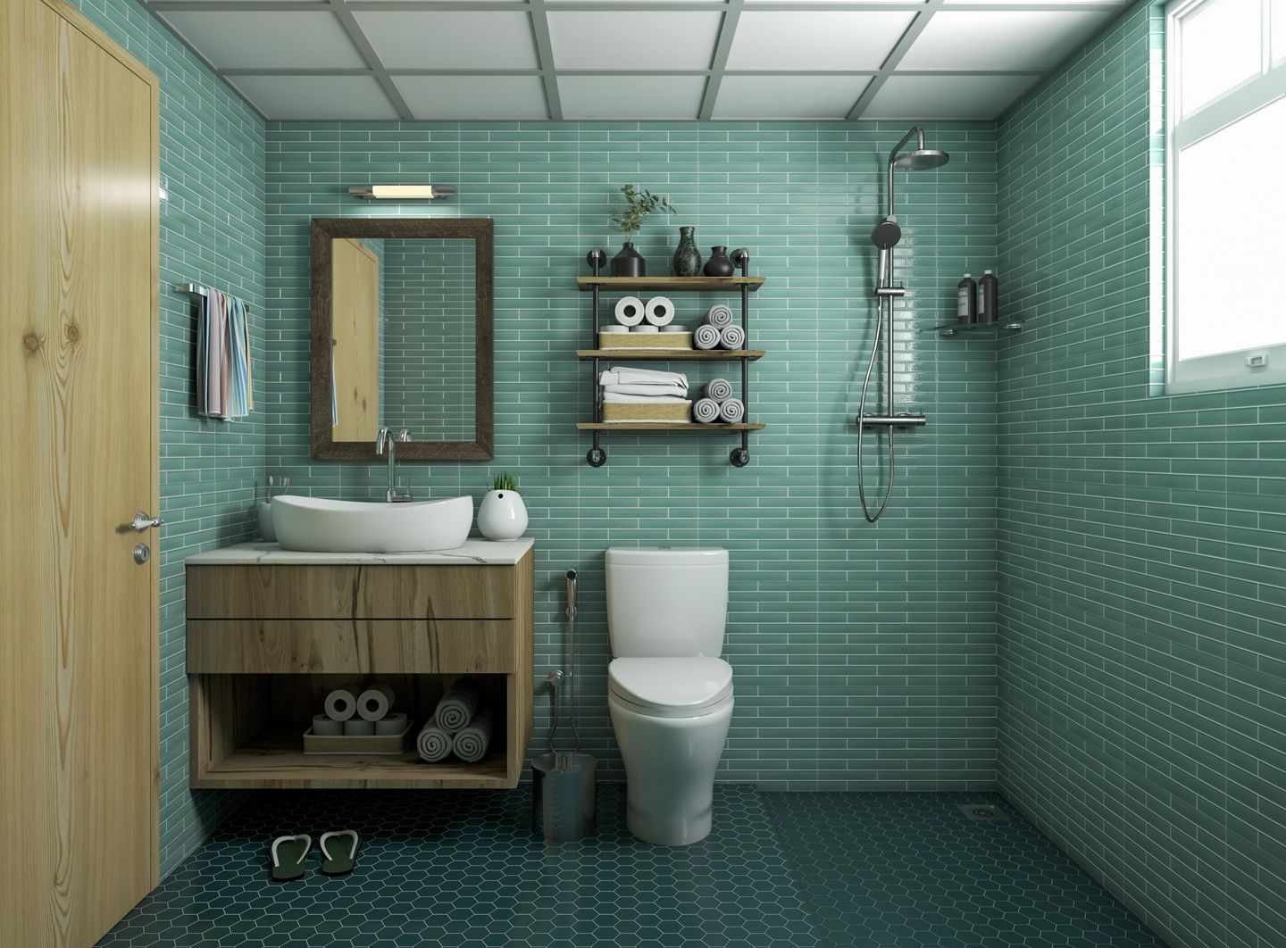 Seafoam Tile Contemporary Bathroom - Livspace
