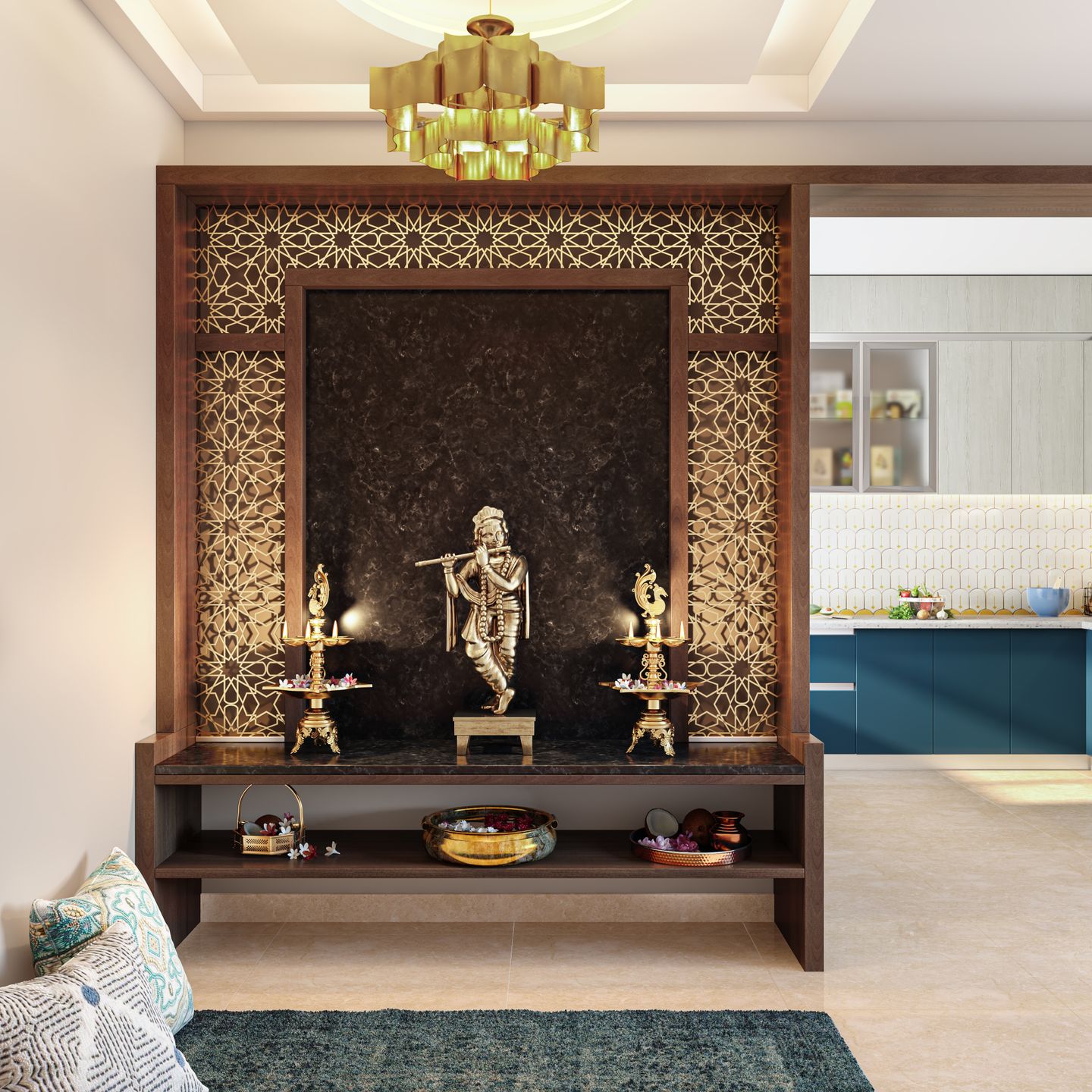 Contemporary Dark Toned Pooja Room Design | Livspace