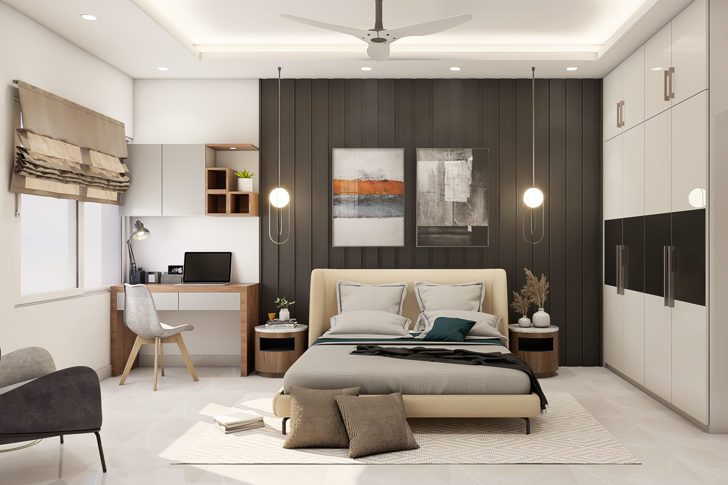 Contemporary Bedroom Design With Wooden Paneling - Livspace