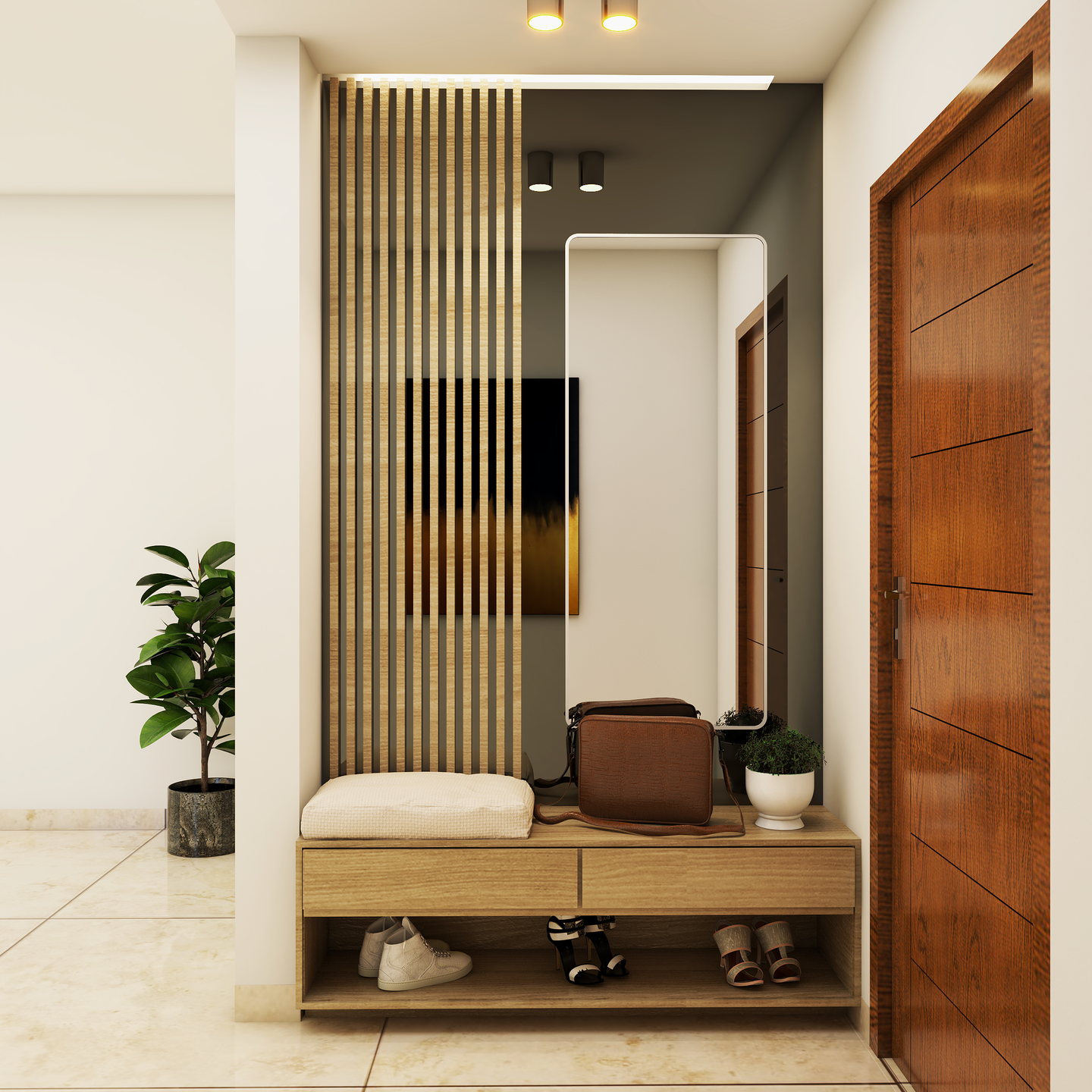 Rustic Foyer Design With Mirror - Livspace