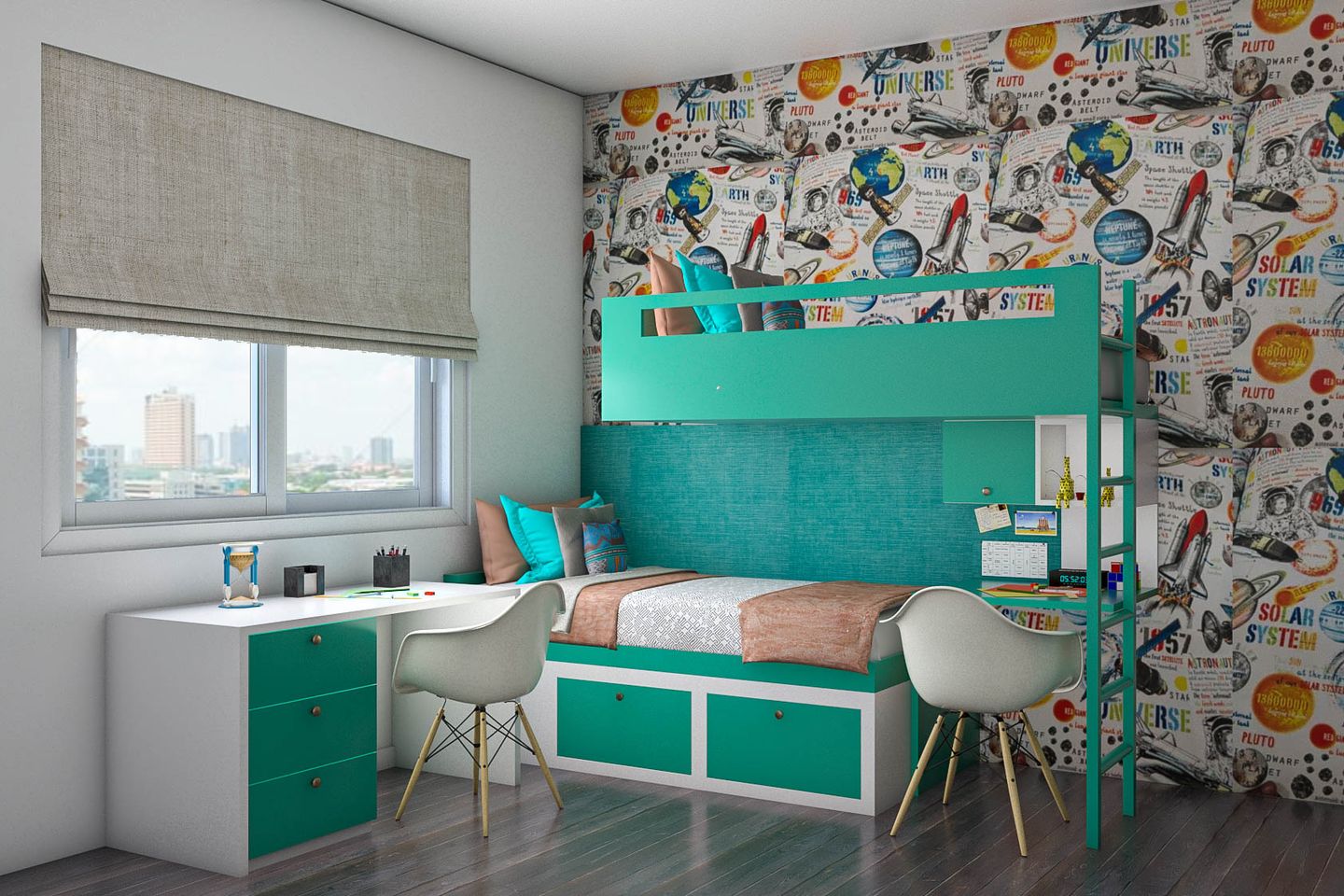 Turquoise Blue-Themed Kids Bedroom Design With Contemporary Decor ...