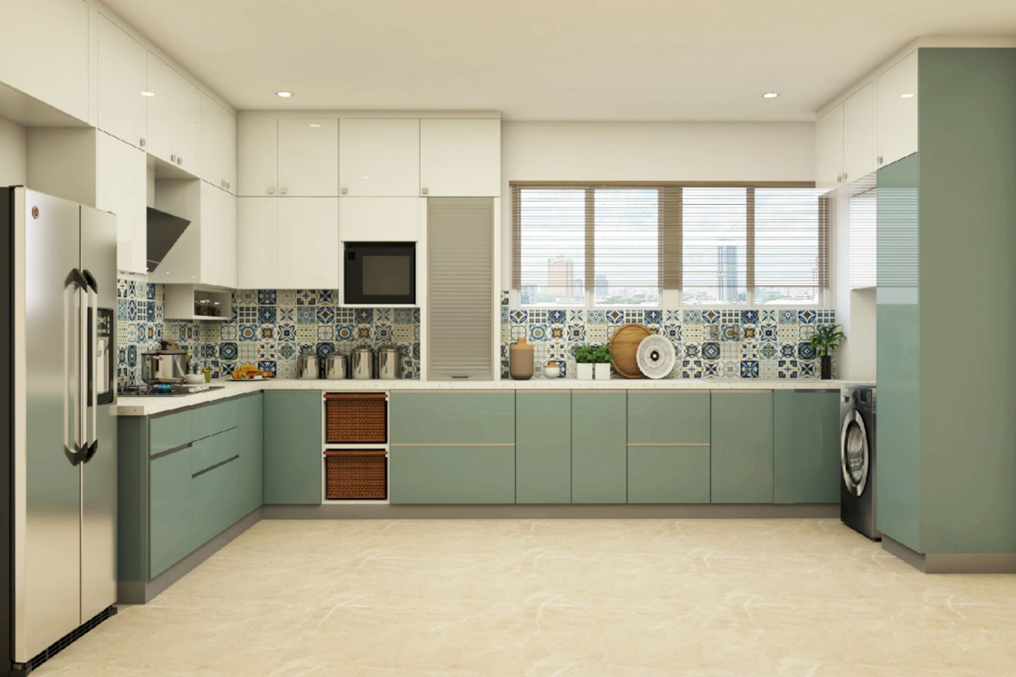 Blue And White L-Shaped Kitchen Design - Livspace