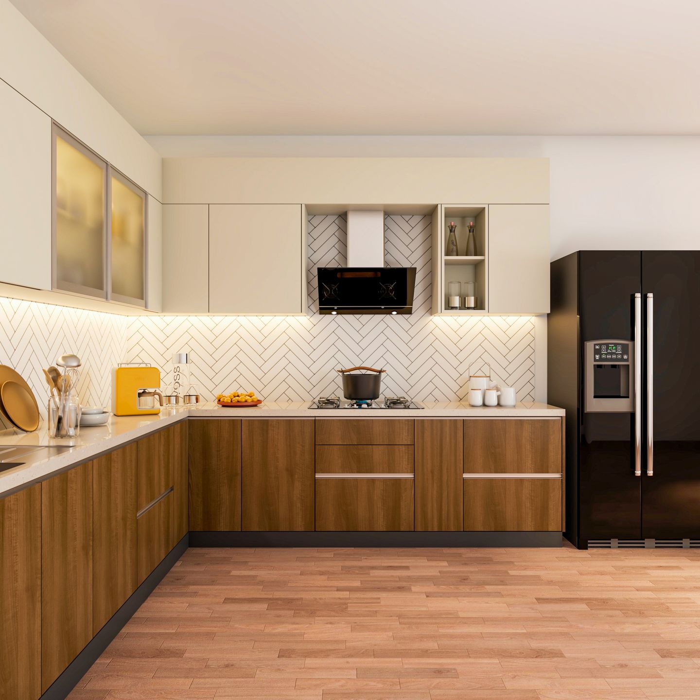 Modern Low-Maintenance Kitchen Design With Wooden Flooring | Livspace