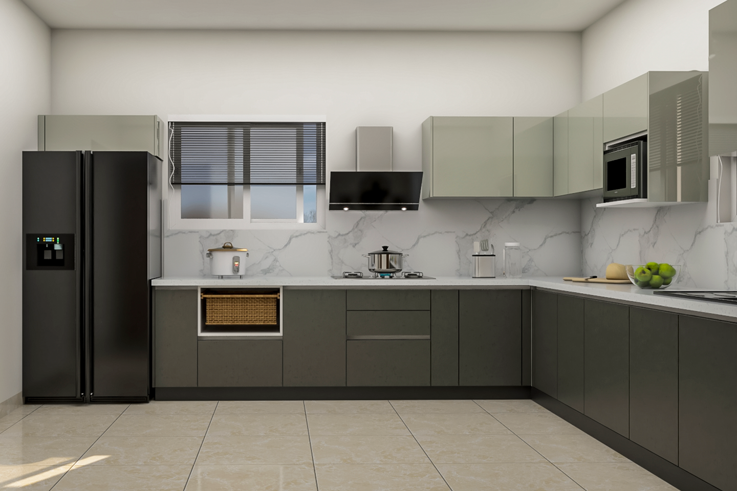 Fresh Kitchen Design With Chimney And Fridge - Livspace