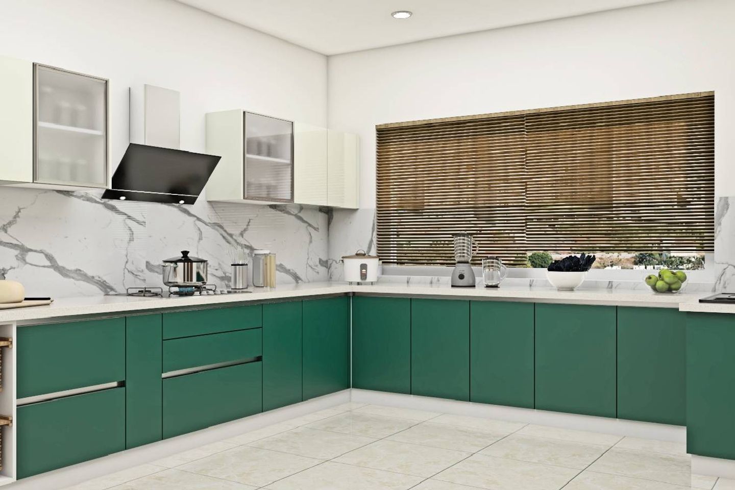 Green & White Modern Kitchen Design With Upper Livspace