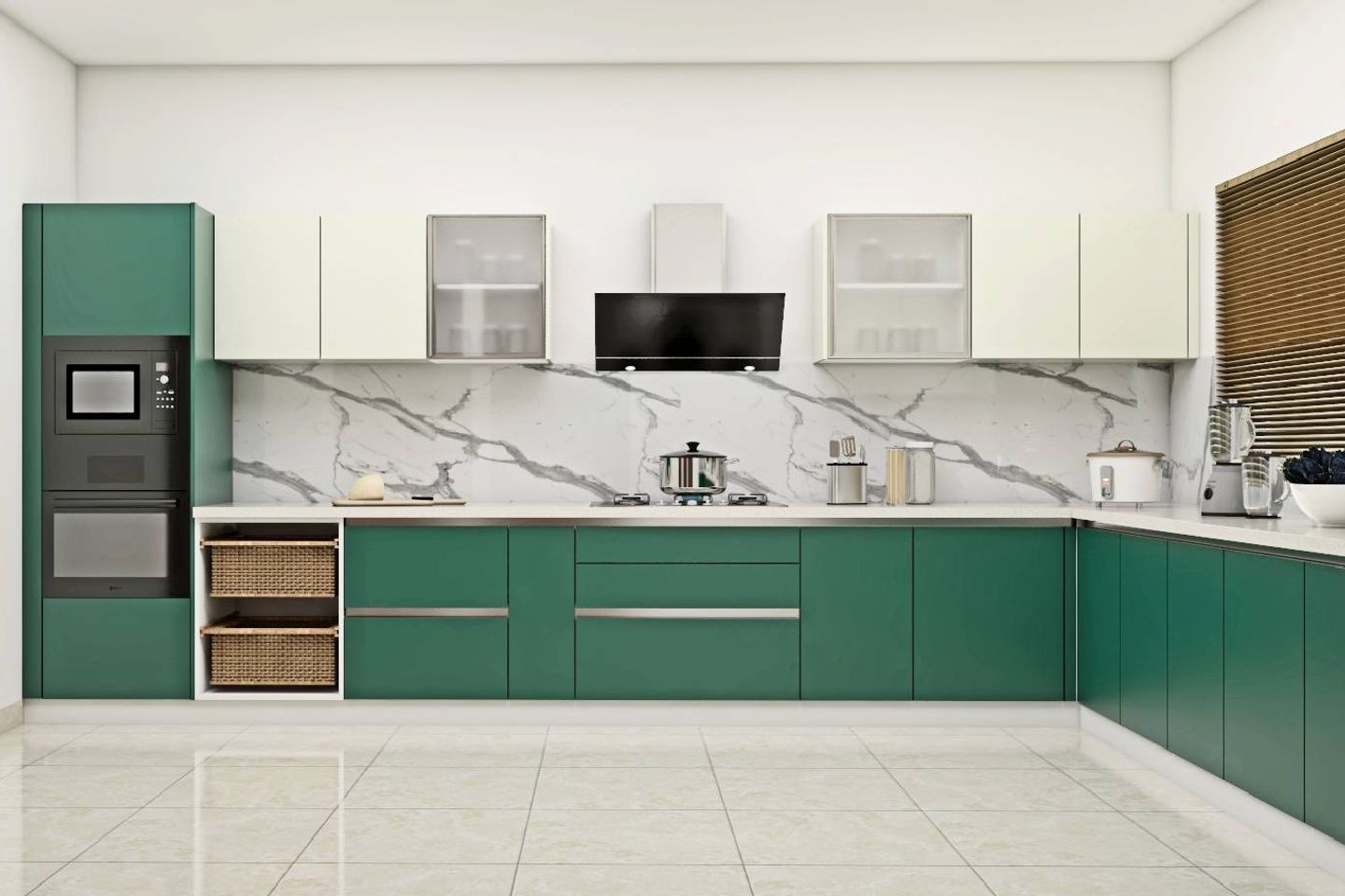 Green & White Modern Kitchen Design With Upper Cabinets - Livspace