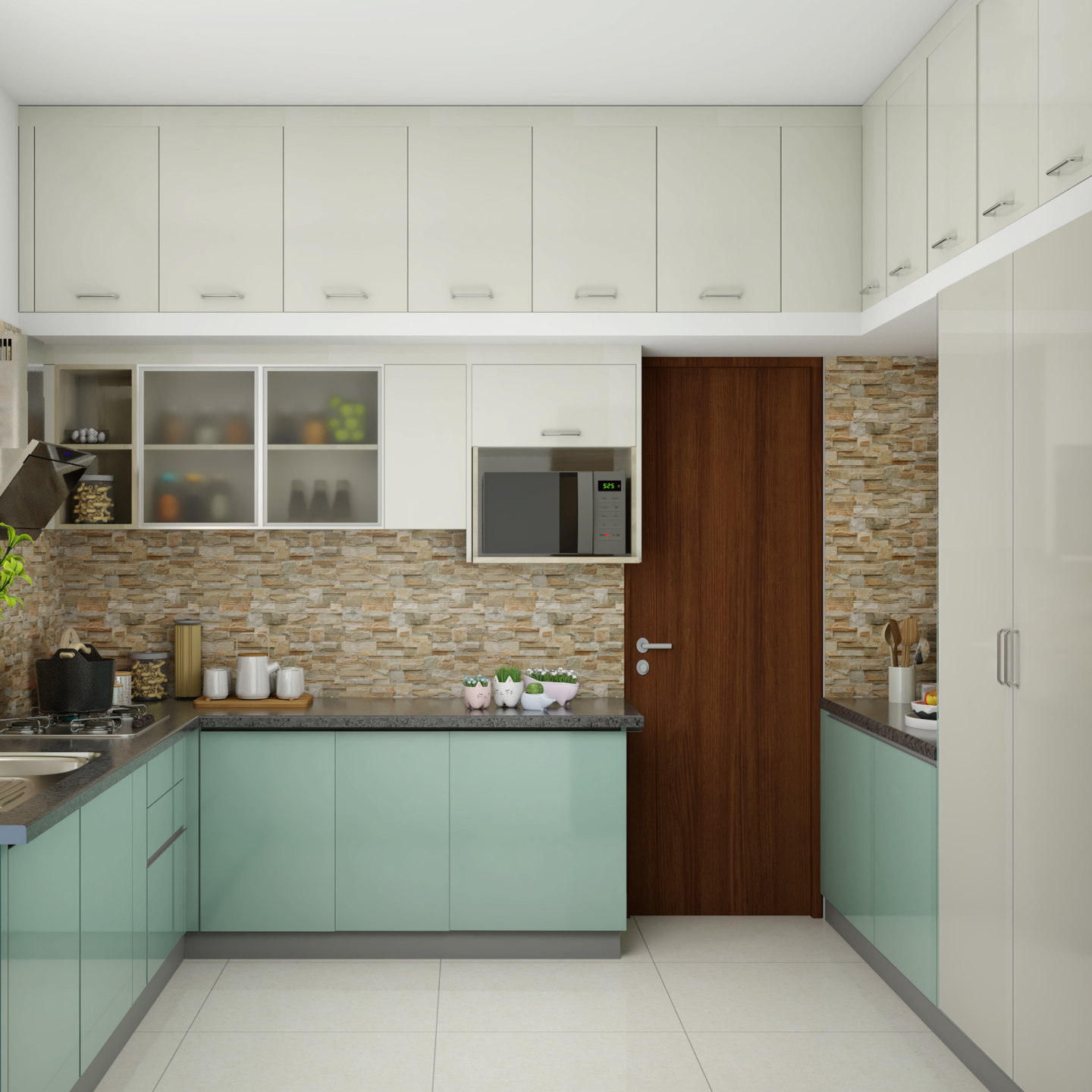 Modern Green-White Themed Spacious Kitchen Design | Livspace